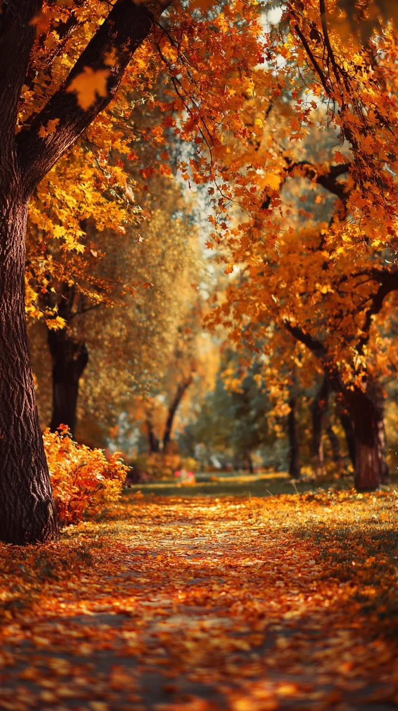 Autumn park landscape with falling golden and red leaves, realistic fall foliage photography for iPhone background.
