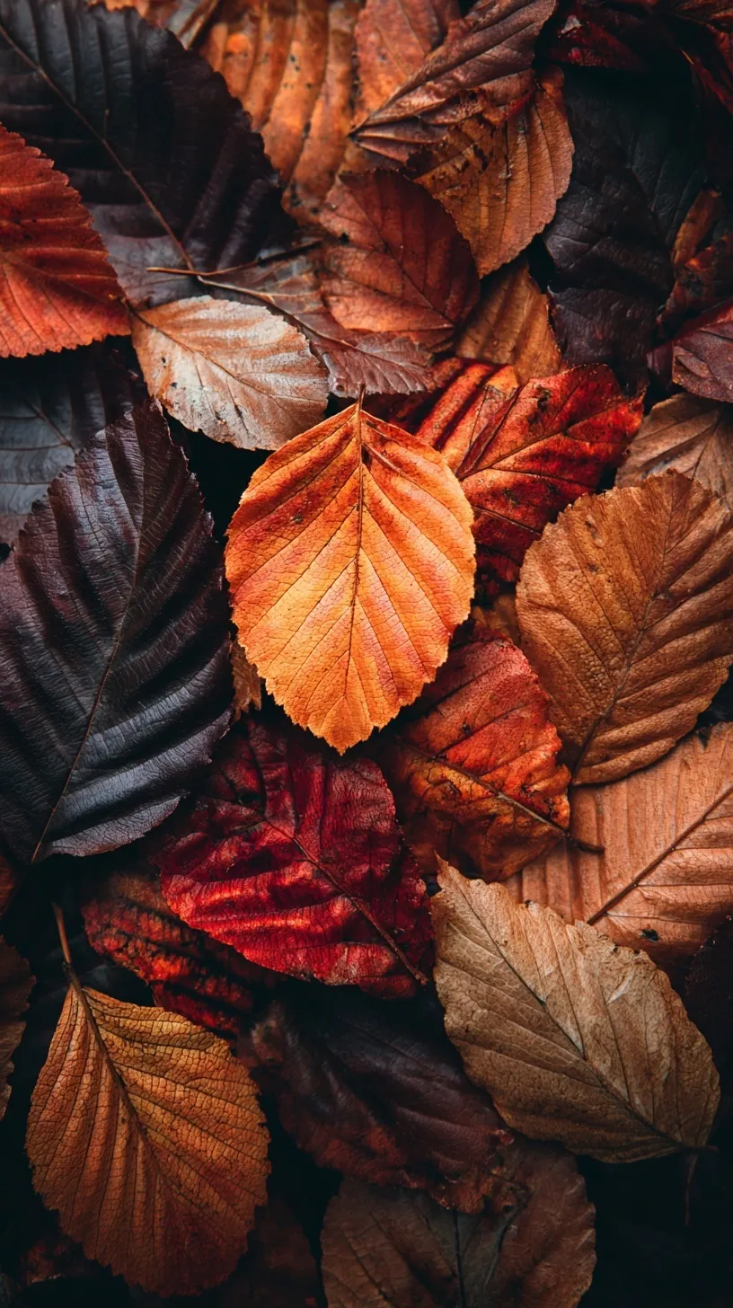 Top-down view of autumn leaves in shades of brown, red, and orange scattered on the ground.