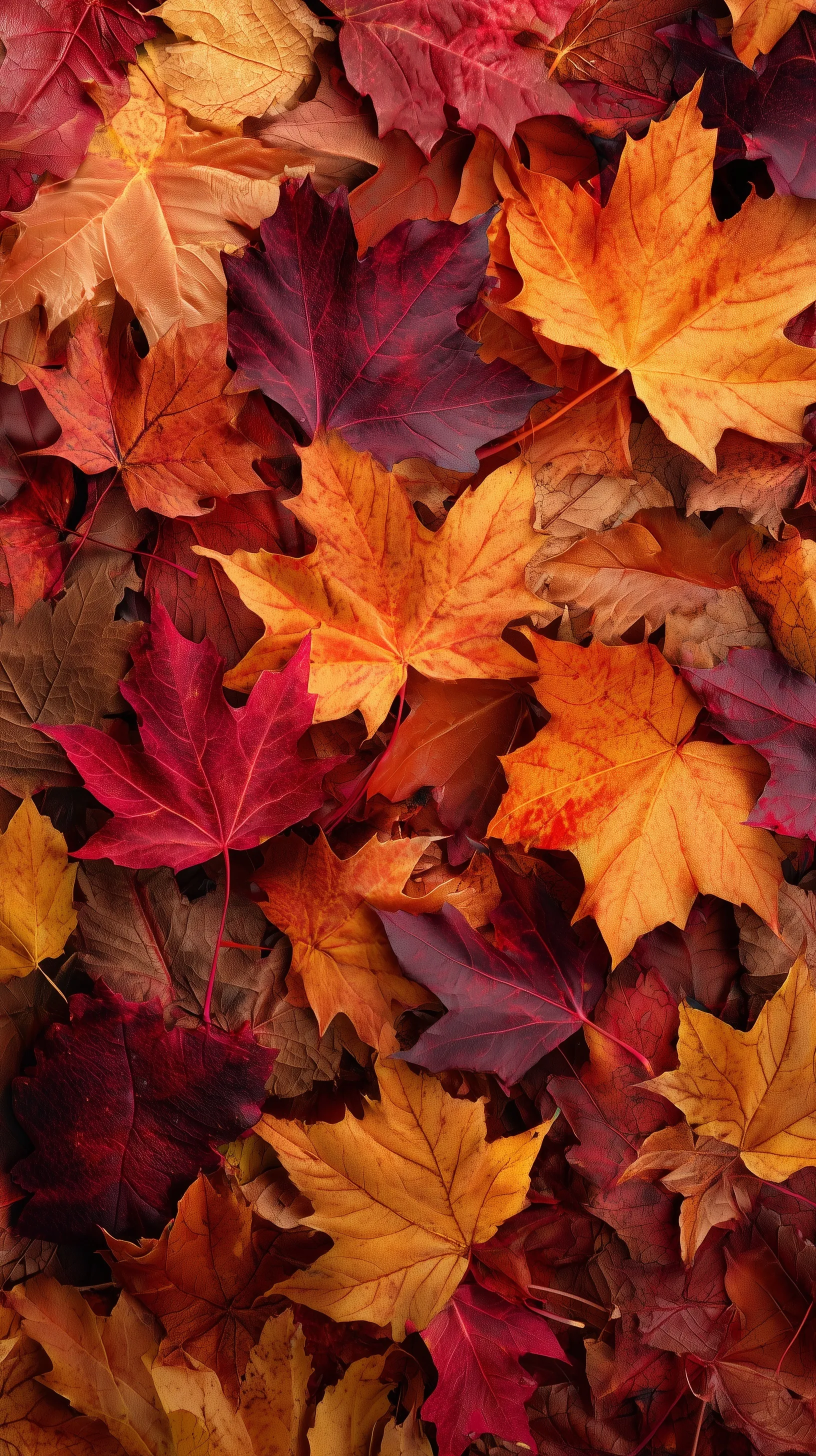 A vibrant pile of colorful red, orange, and yellow autumn leaves on the ground, high-resolution fall background.
