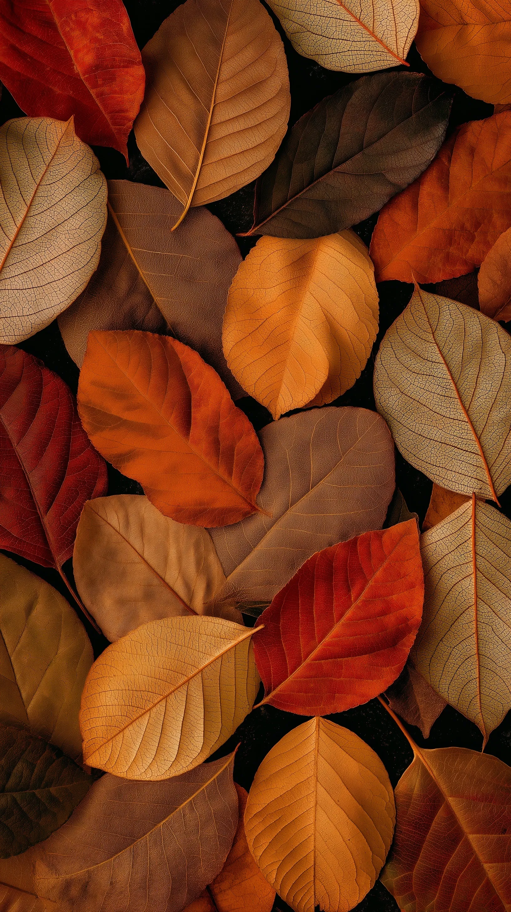 Aesthetic autumn leaves arranged in a minimal top-down view with warm orange and red colors for mobile wallpaper.