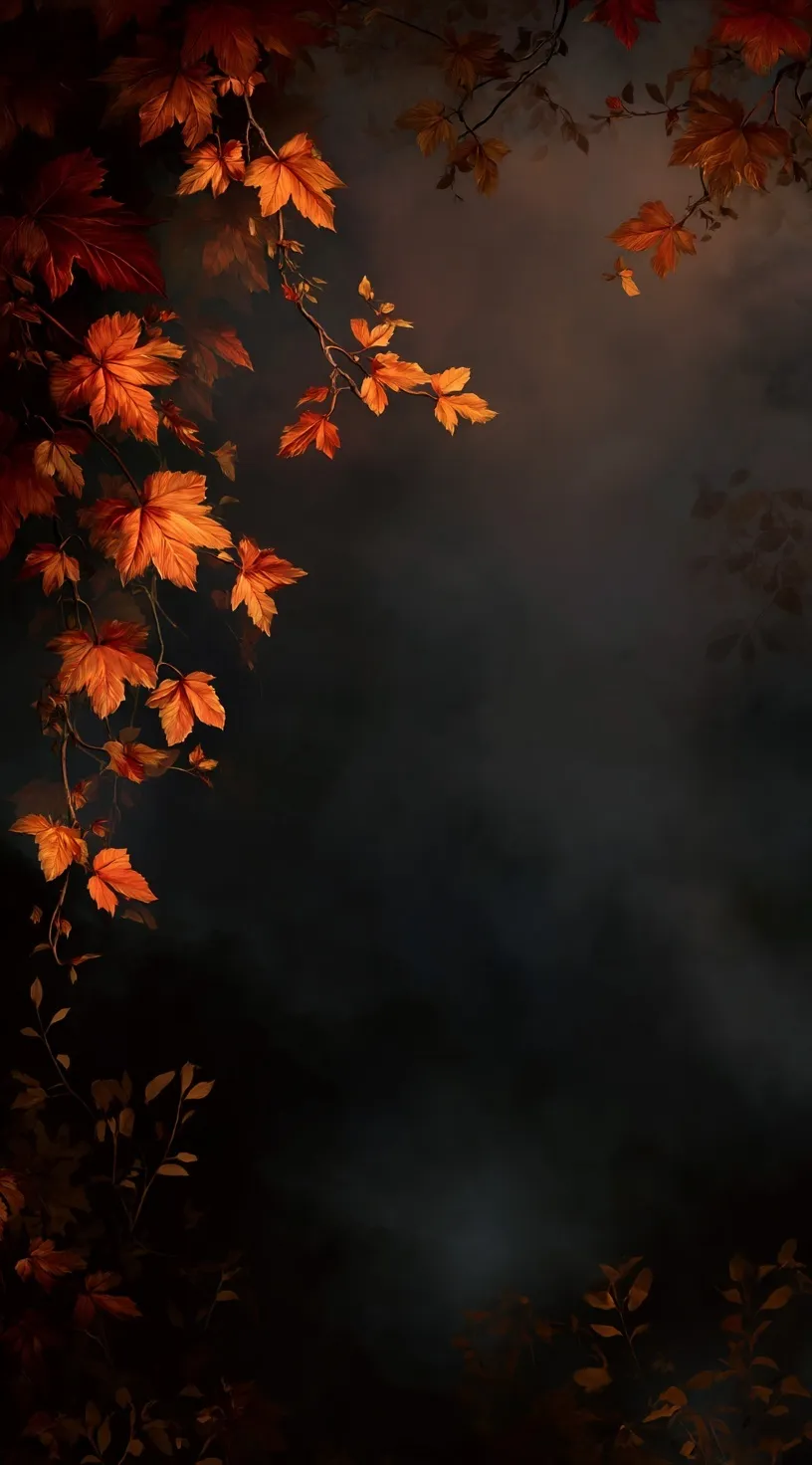 Dark, mysterious digital art autumn wallpaper featuring glowing orange leaves against an atmospheric sunset sky.