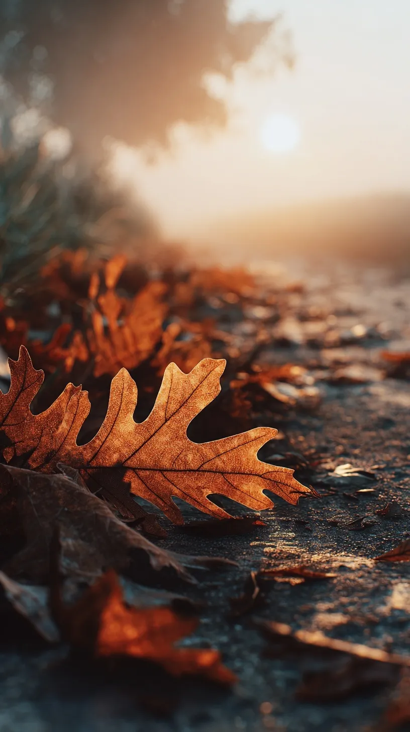 Macro shot of vibrant autumn oak leaves on a misty country path during a warm sunrise.