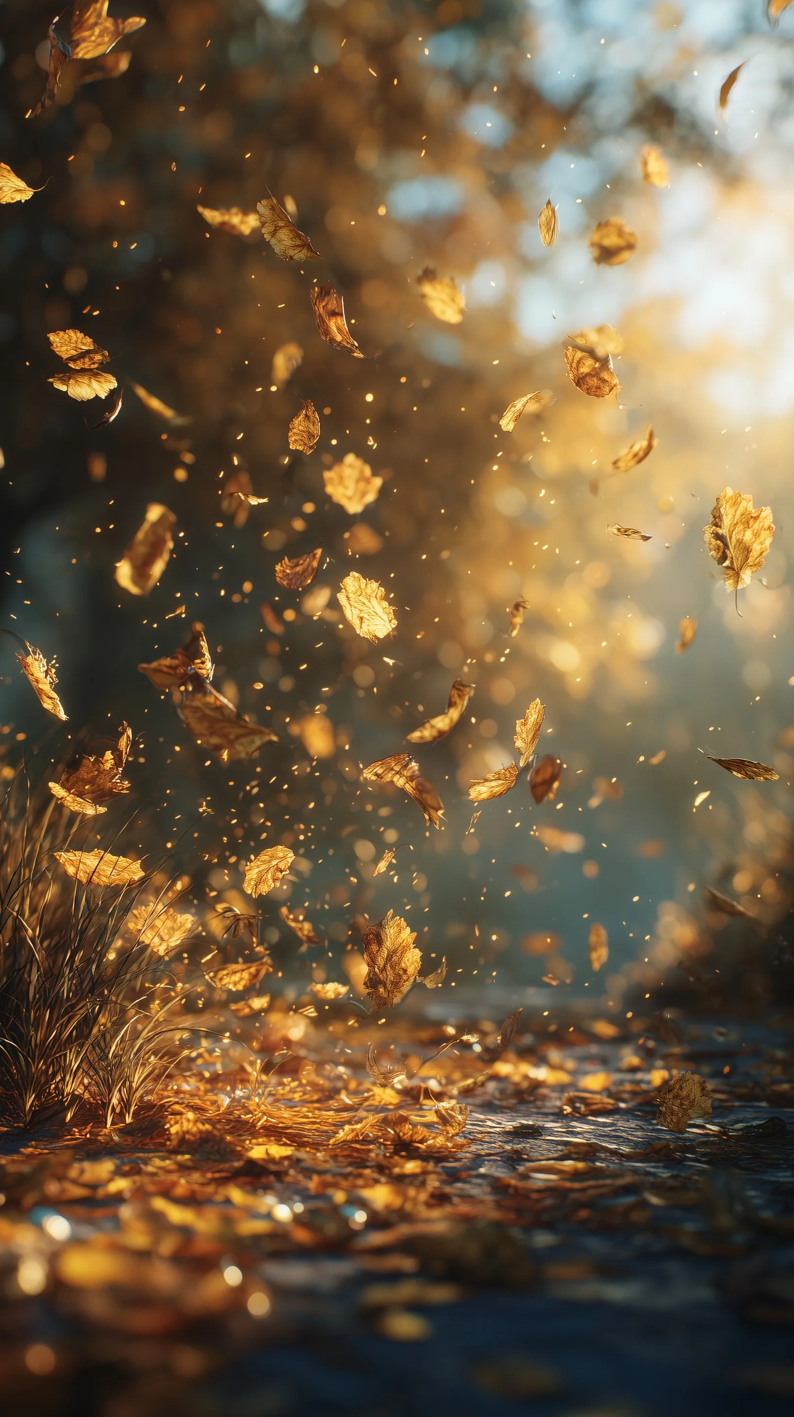 Golden autumn leaves floating in sunlight with cinematic motion blur, perfect for an aesthetic iPhone wallpaper.