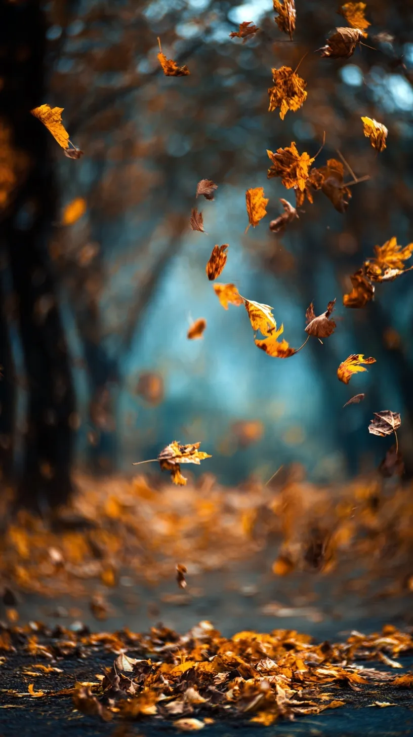 Vibrant autumn leaves falling against a blurred forest background, perfect for a cozy seasonal iPhone wallpaper.