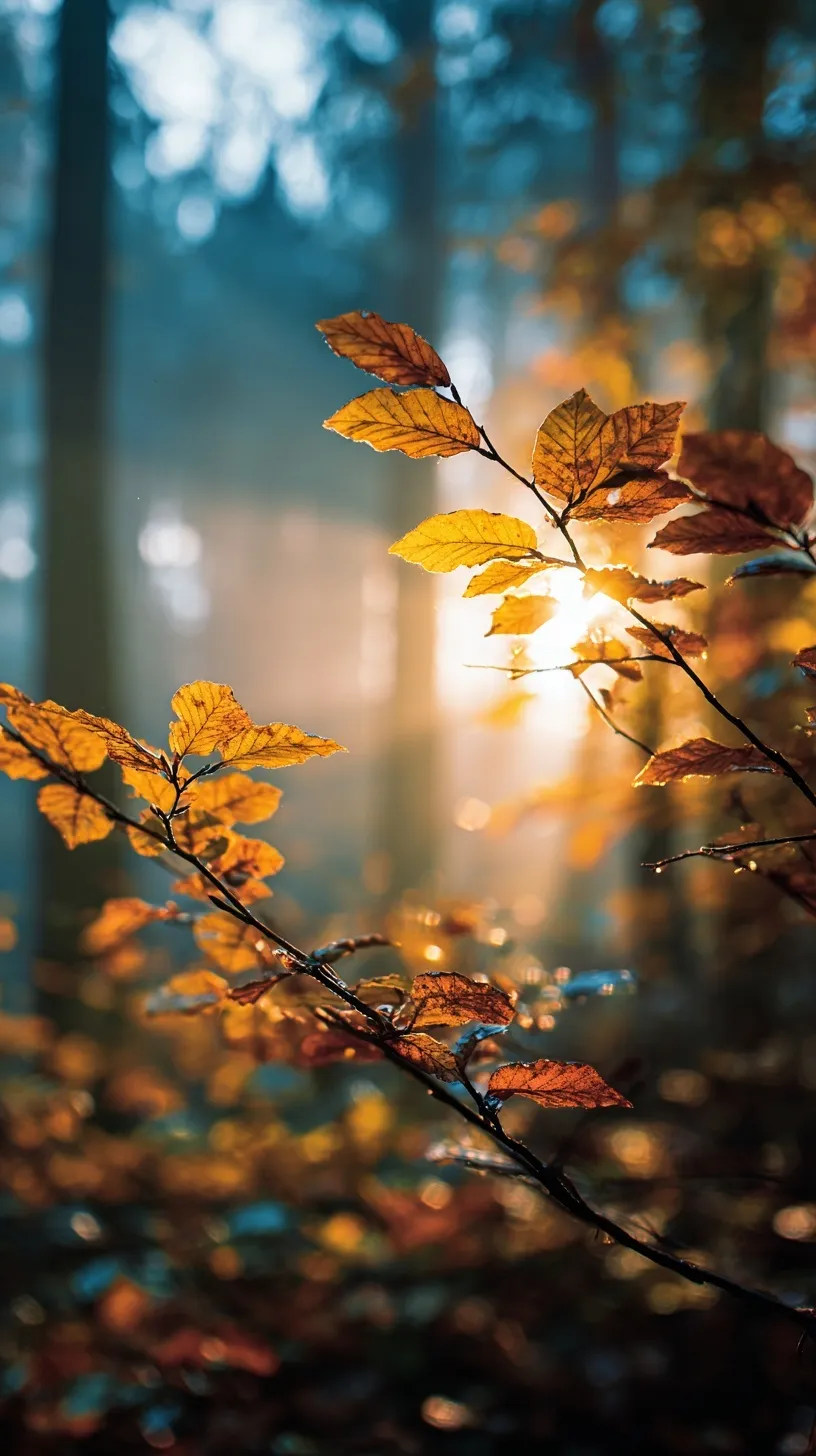 A moody autumn forest landscape with sunbeams and a single colorful branch in the foreground, cinematic photography.