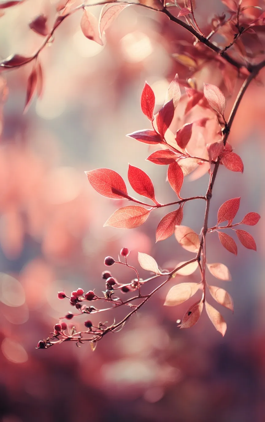 Autumn iPhone wallpaper with red leaves, soft bokeh, and warm sunlight in a minimalist garden setting.