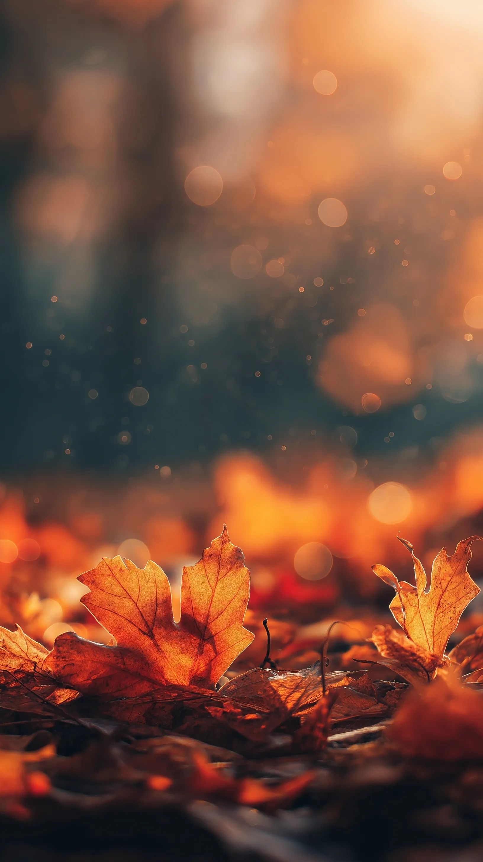 Autumn iPhone wallpaper featuring vibrant golden and red fall leaves with soft bokeh background and natural lighting.