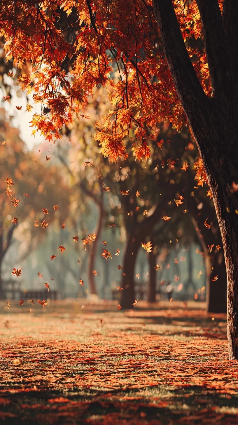 Warm autumn park background with orange maple trees, golden sunlight, and falling leaves for iPhone wallpaper.