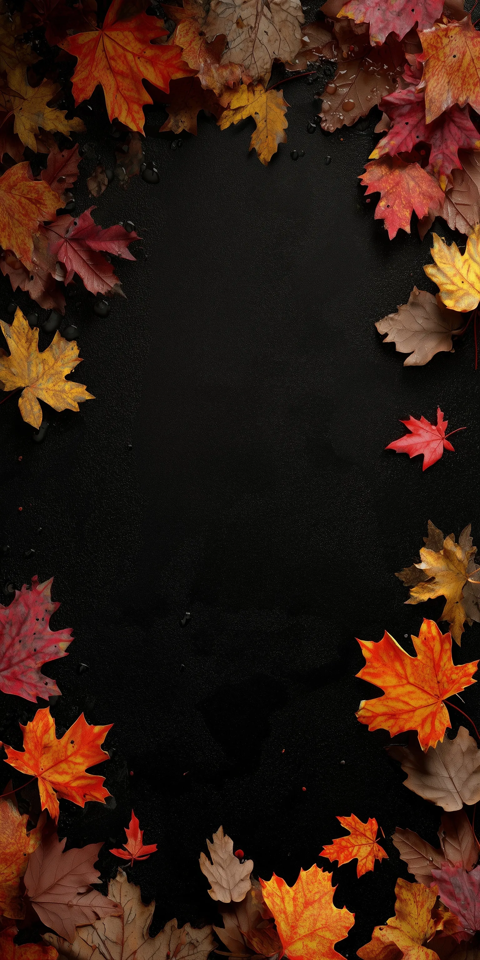 A sleek iPhone wallpaper featuring vibrant orange and brown autumn leaves framing a solid black background.