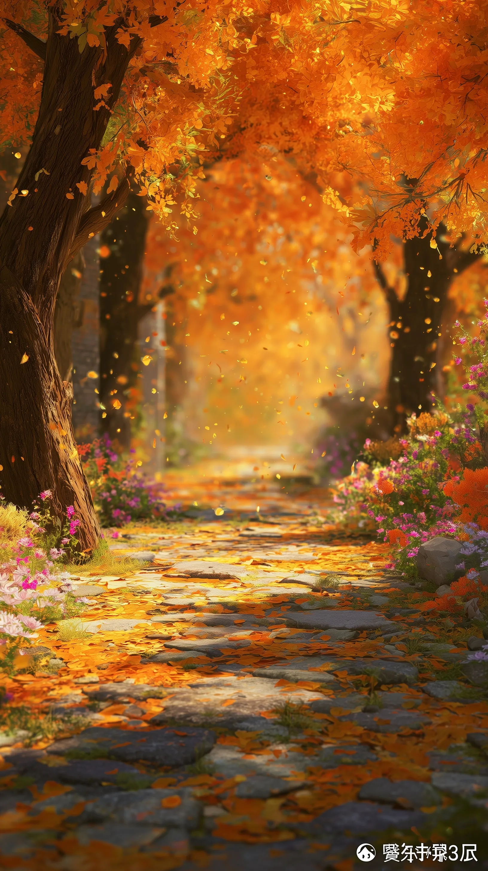 A vibrant 3D autumn forest path with colorful flowers, golden leaves, and glowing fireflies, perfect for iPhone.