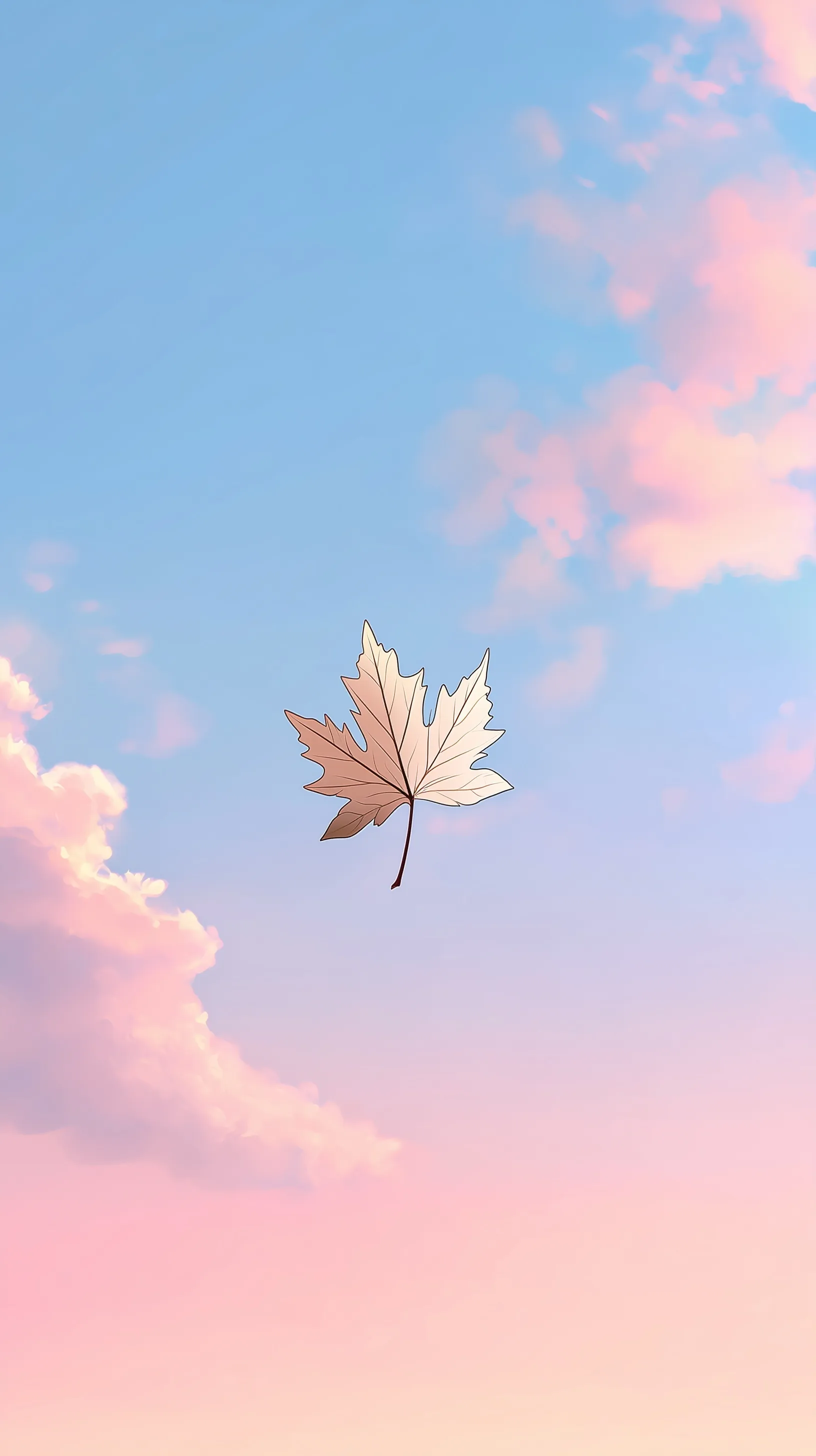 Minimalist anime-style autumn iPhone wallpaper with a single falling leaf against a soft pastel sky.