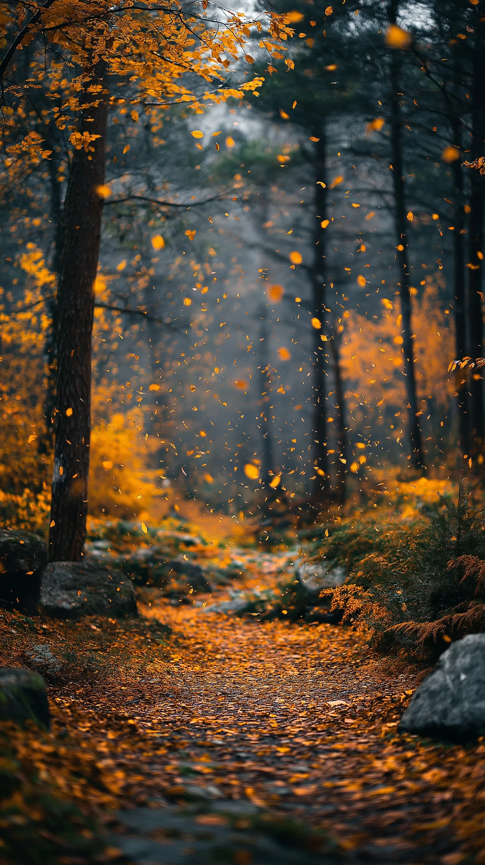 Scenic autumn forest wallpaper for iPhone featuring falling yellow leaves on a sunny day.