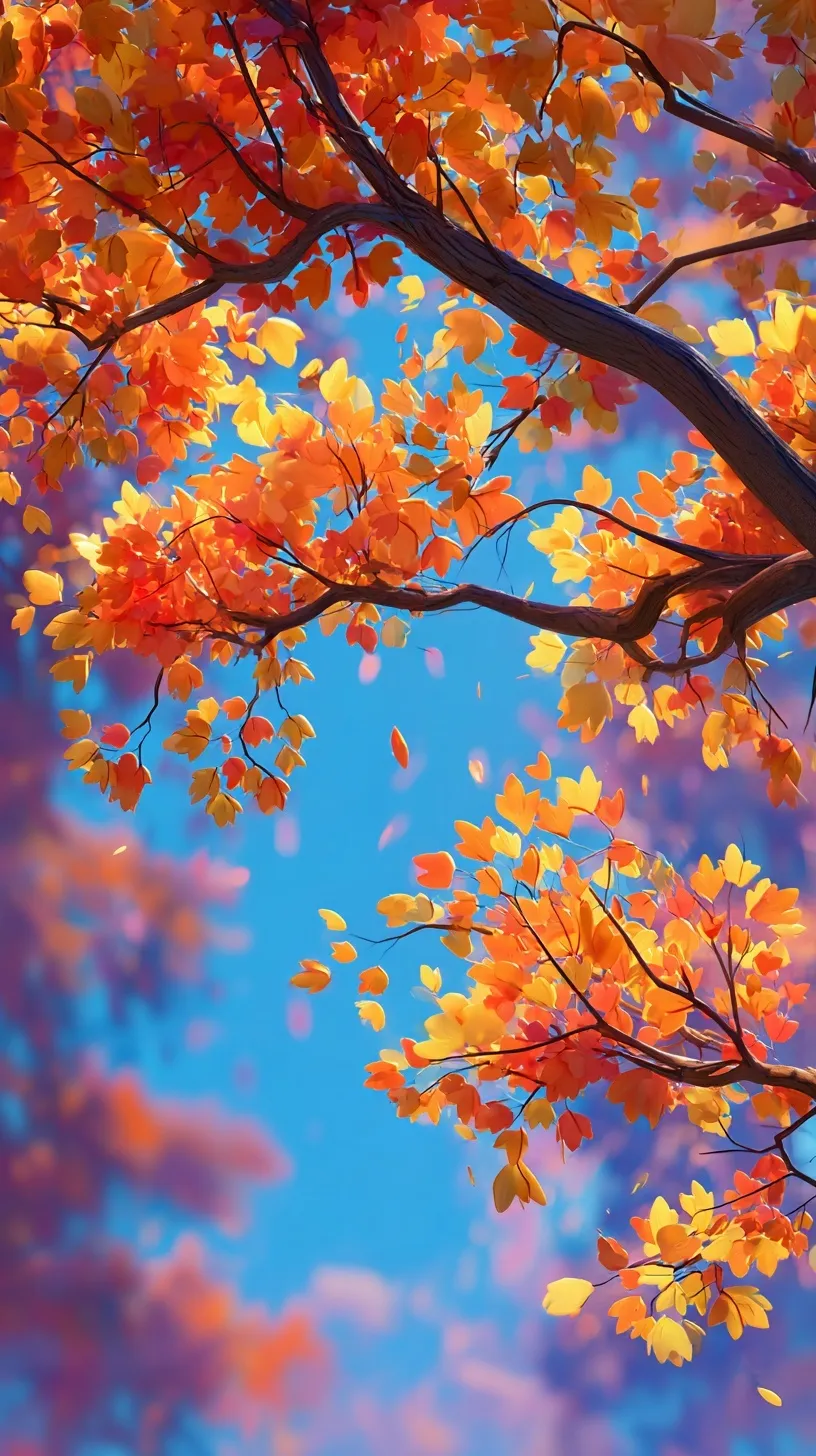 A 3D animated autumn scene with vibrant orange and red leaves falling against a bright blue sky.