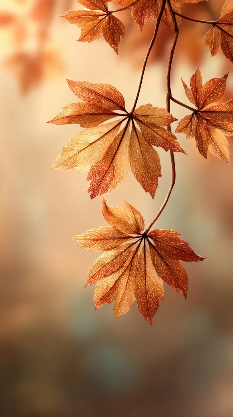 Minimalist autumn iPhone wallpaper with blurred beige leaves, soft bokeh light, and warm earthy tones.