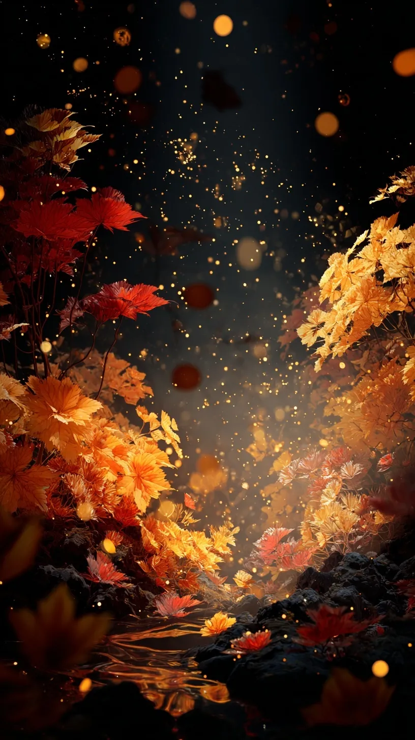Glowing autumn forest particle art wallpaper for iPhone featuring golden and crimson leaves on a black background.