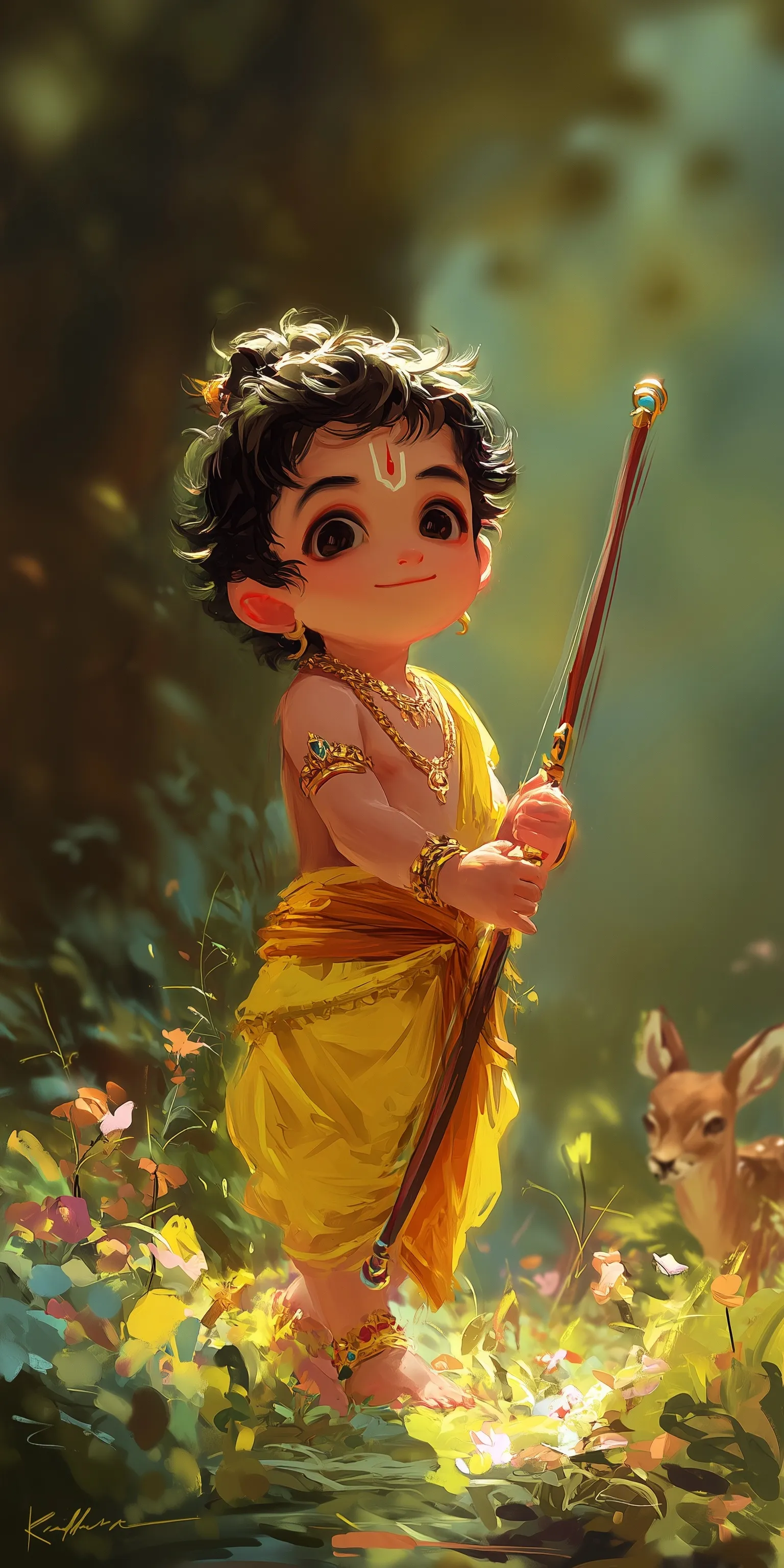 Adorable young Lord Rama as a prince in a sunlit forest, wearing traditional yellow dhoti and holding a small bow.