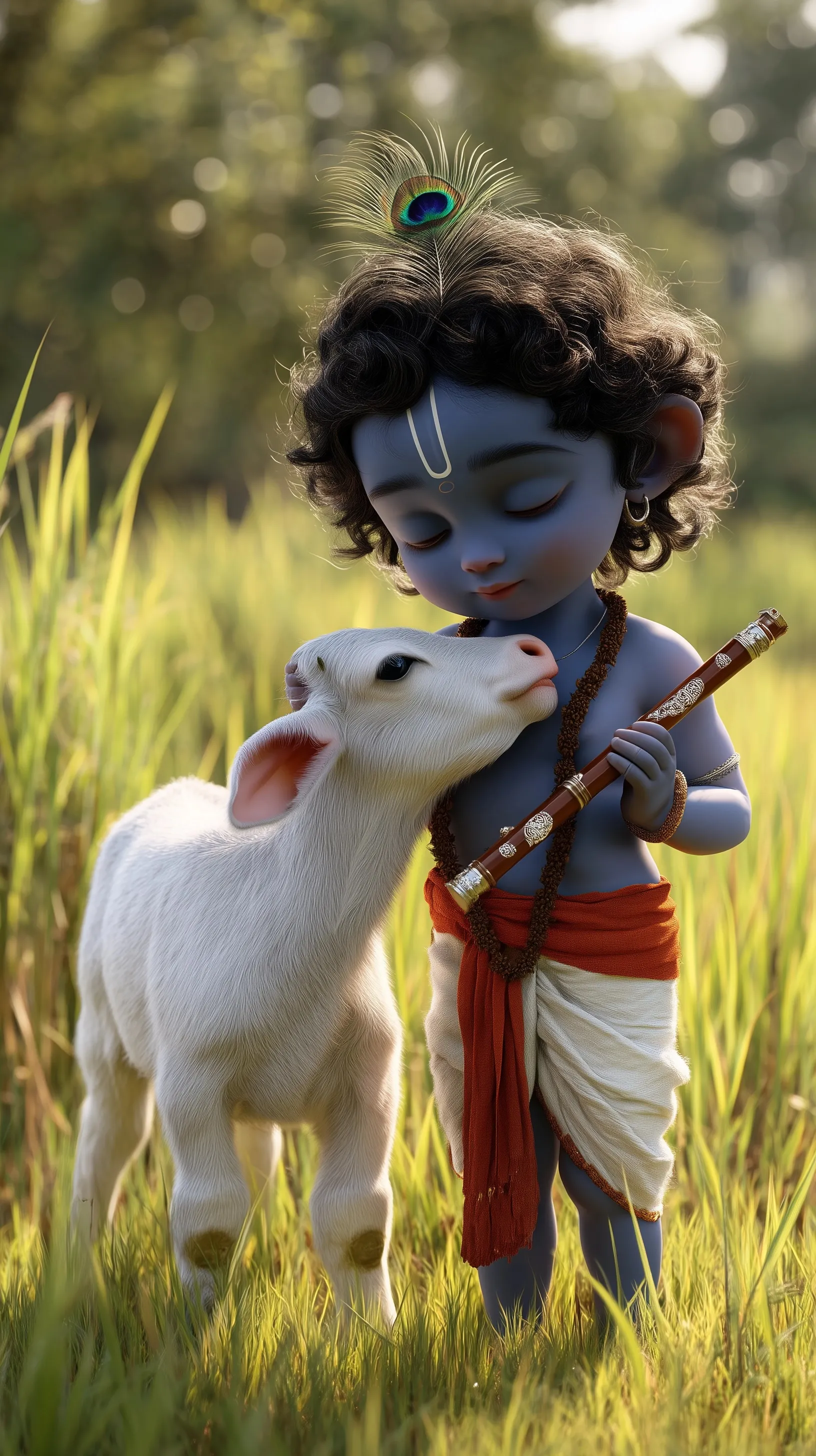 Baby Lord Krishna with blue skin and peacock feather petting a white calf in a serene grassy field at sunrise.