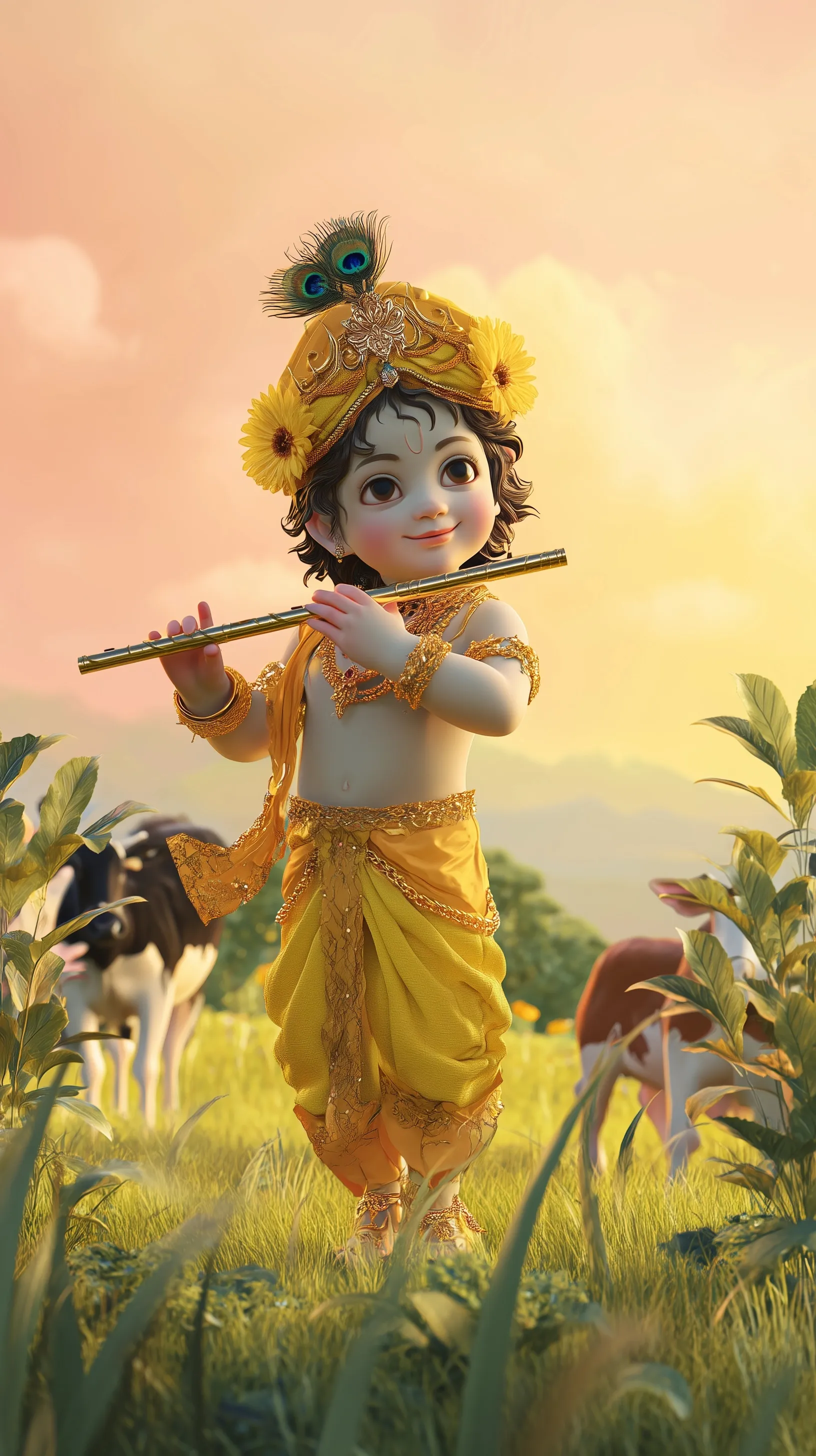 3D hyper-realistic Bal Krishna playing flute in a lush field with cows at sunset, wearing traditional peacock crown.