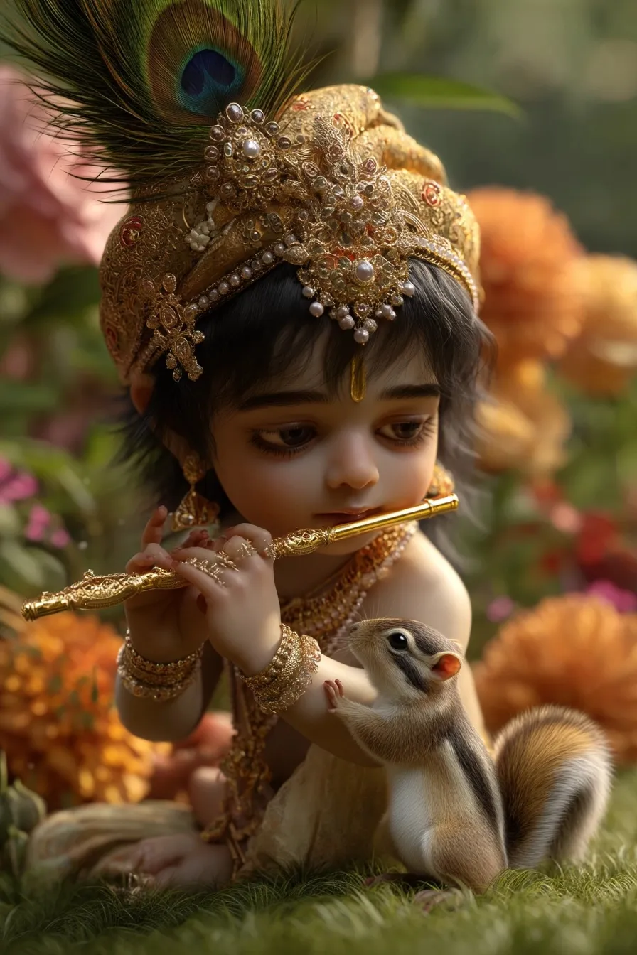 Baby Krishna with a gold flute and crown sitting on grass with a chipmunk in a lush, colorful garden.
