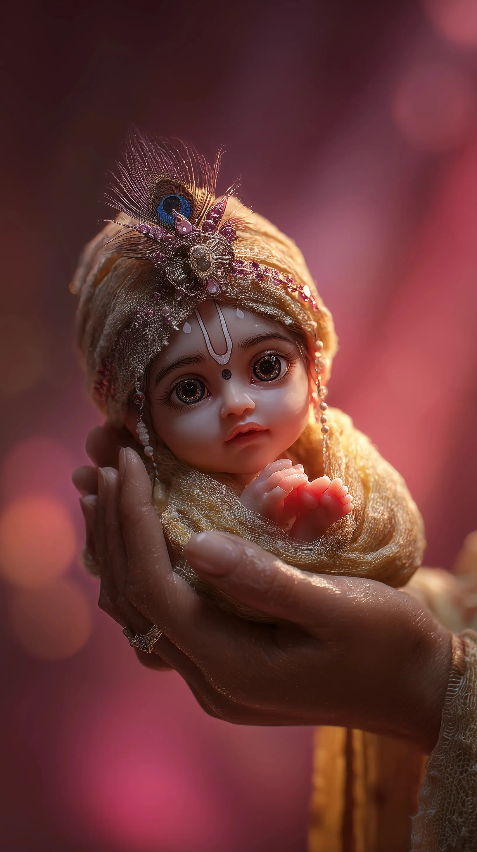 Baby Baal Krishna held in mother’s hands, featuring realistic features against a soft red and yellow background.
