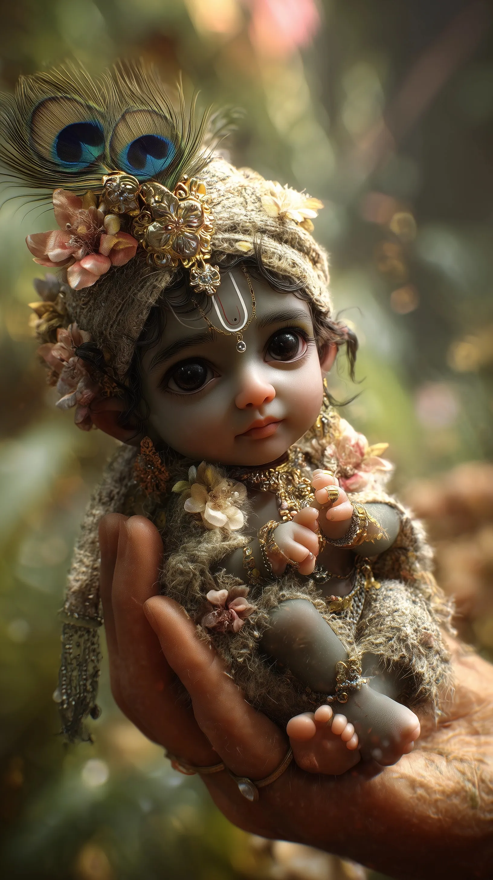 Baby Krishna held in mother's hands, photorealistic divine forest portrait with vibrant green and blue lighting.