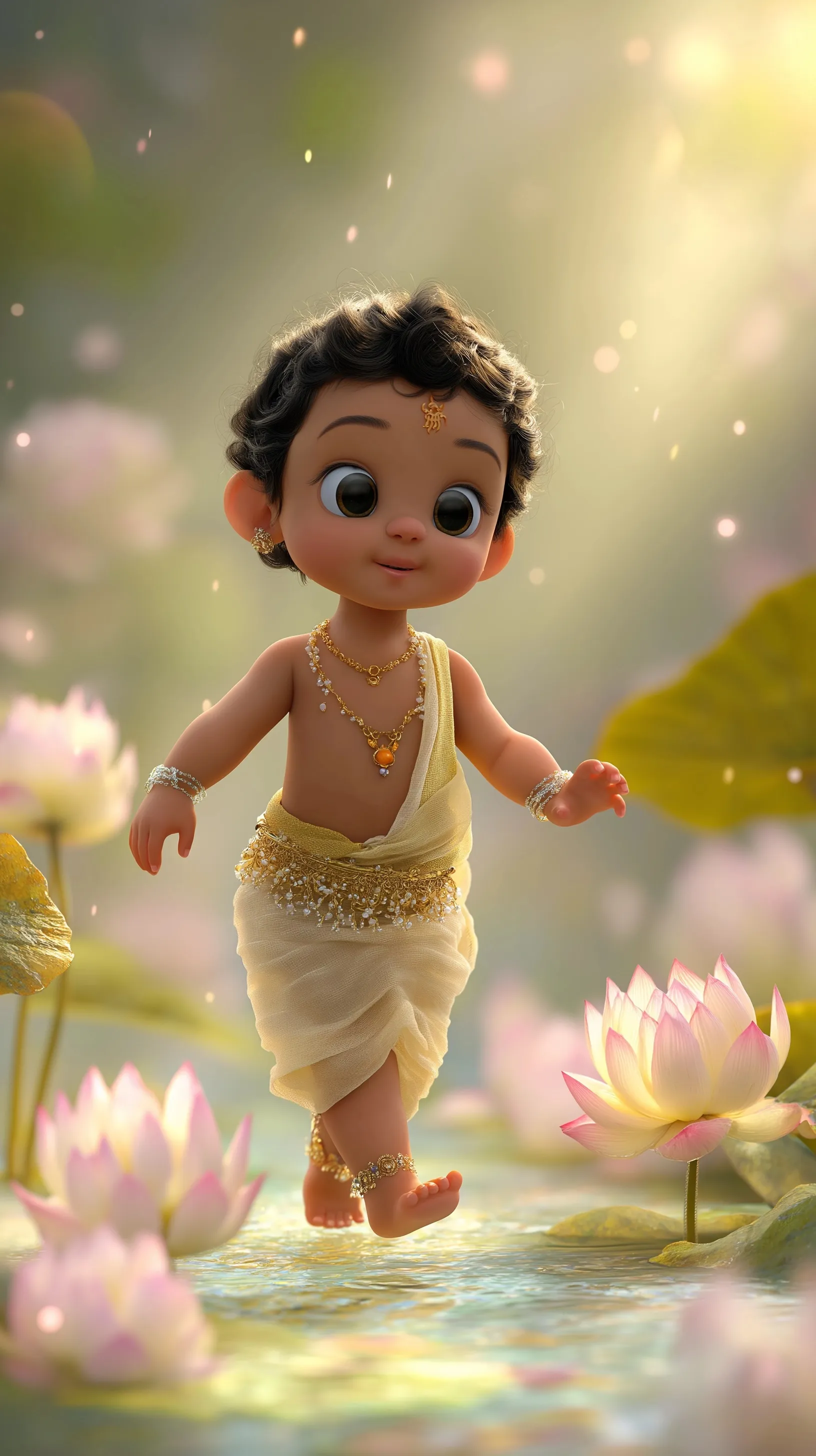 3D cartoon baby Siddhartha walking on magical blooming lotus flowers in a serene, glowing divine atmosphere.