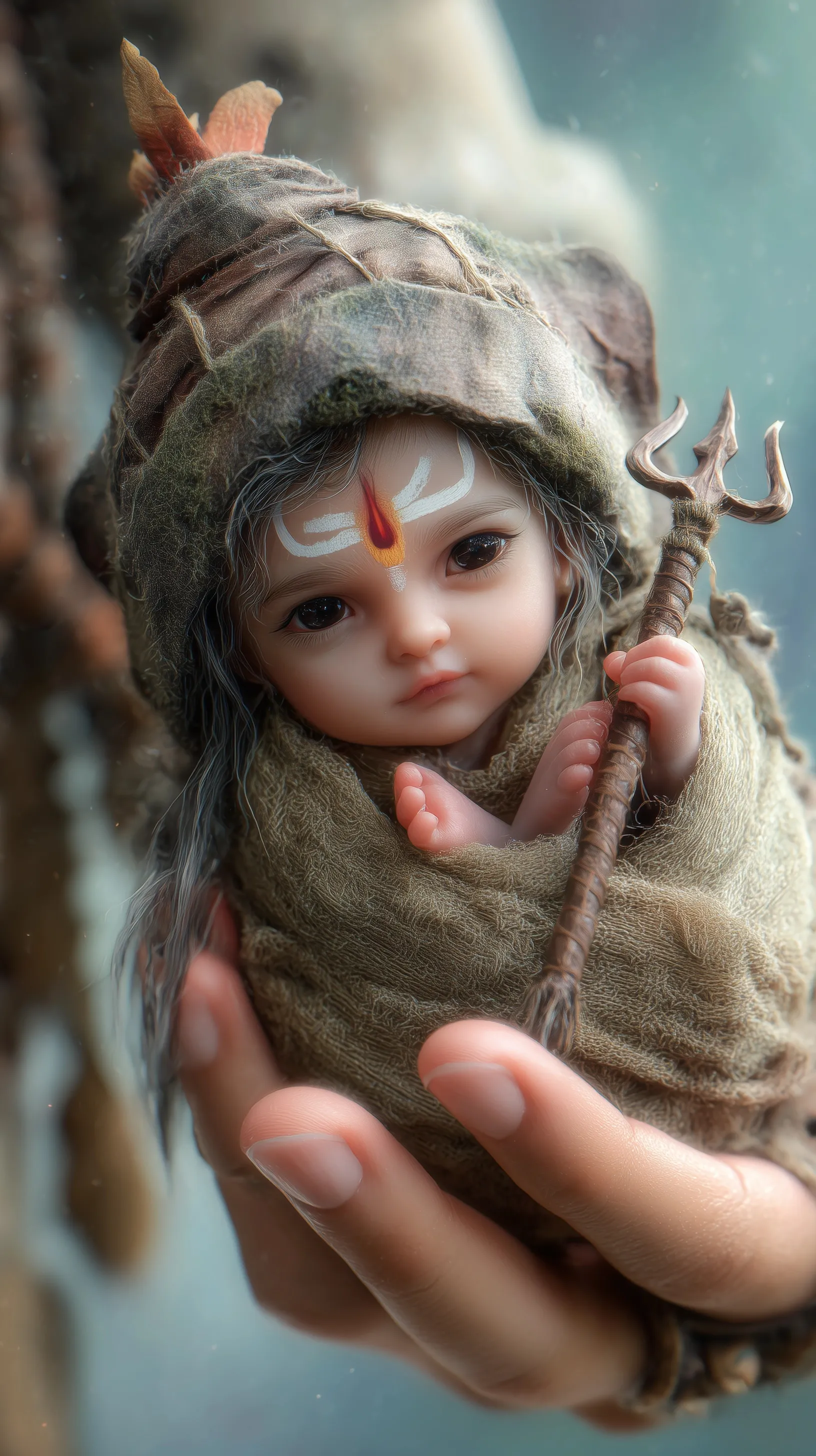 Baby Lord Shiva with trishul held in mother’s hands, dressed in shepherd style amidst a serene deep forest.
