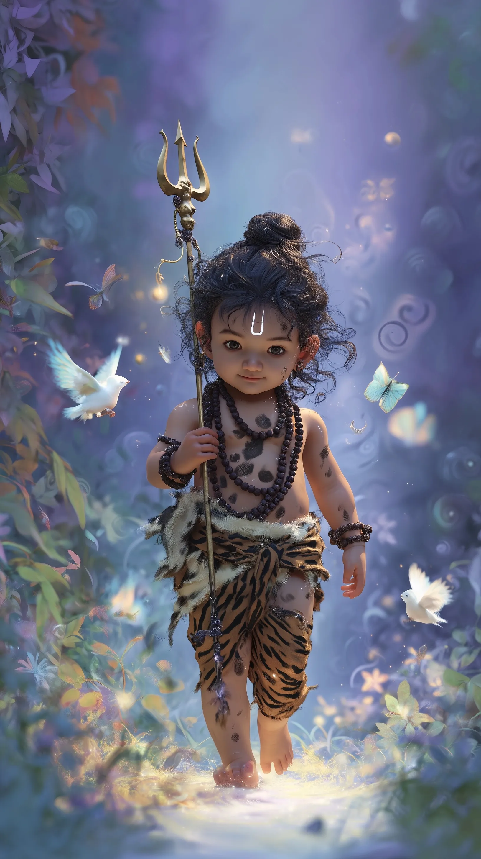 Baby Lord Shiva in a mystical forest with a trident, tiger skin, and glowing divine light.