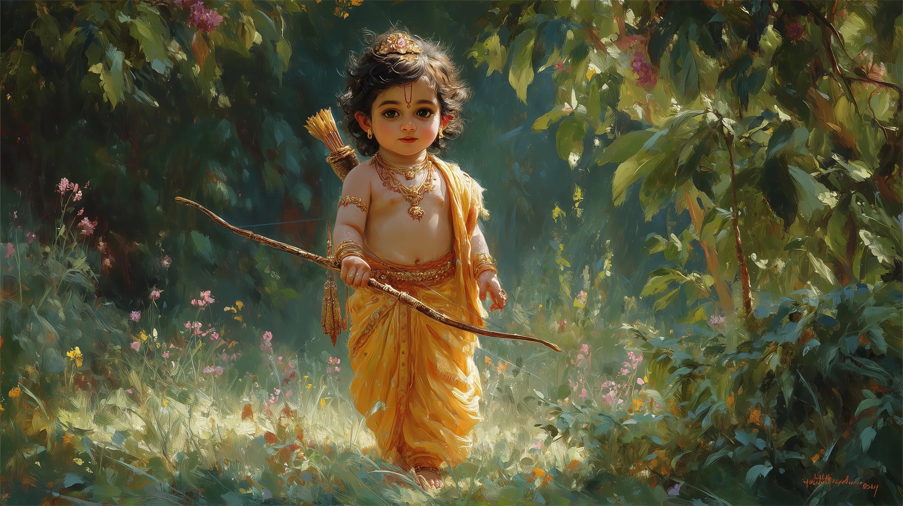 Adorable young Lord Rama as a prince in a sunlit forest, wearing yellow dhoti and holding a bow.