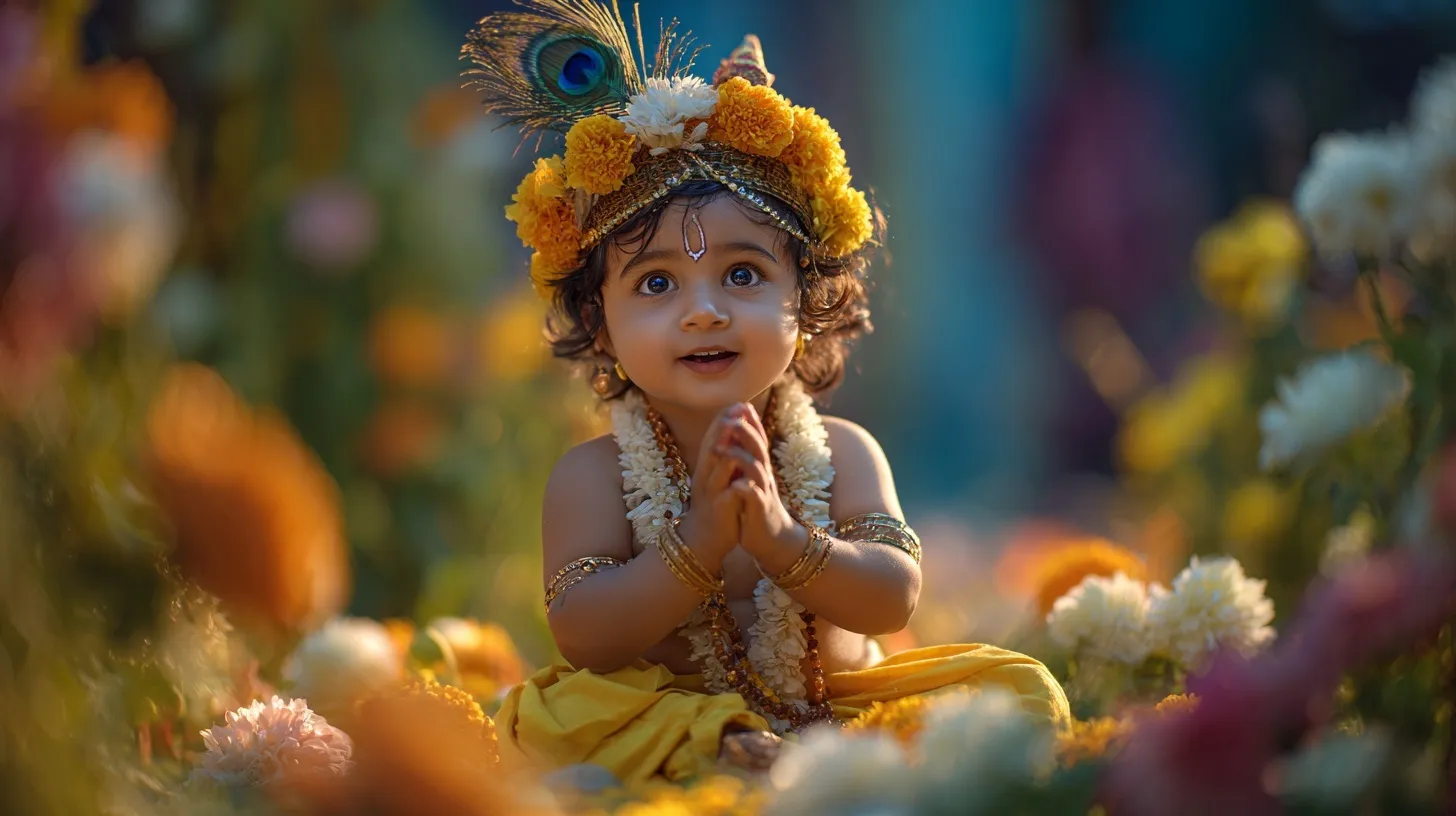 A cinematic close-up of a smiling baby Krishna wearing a floral crown and yellow dhoti in a colorful flower field.