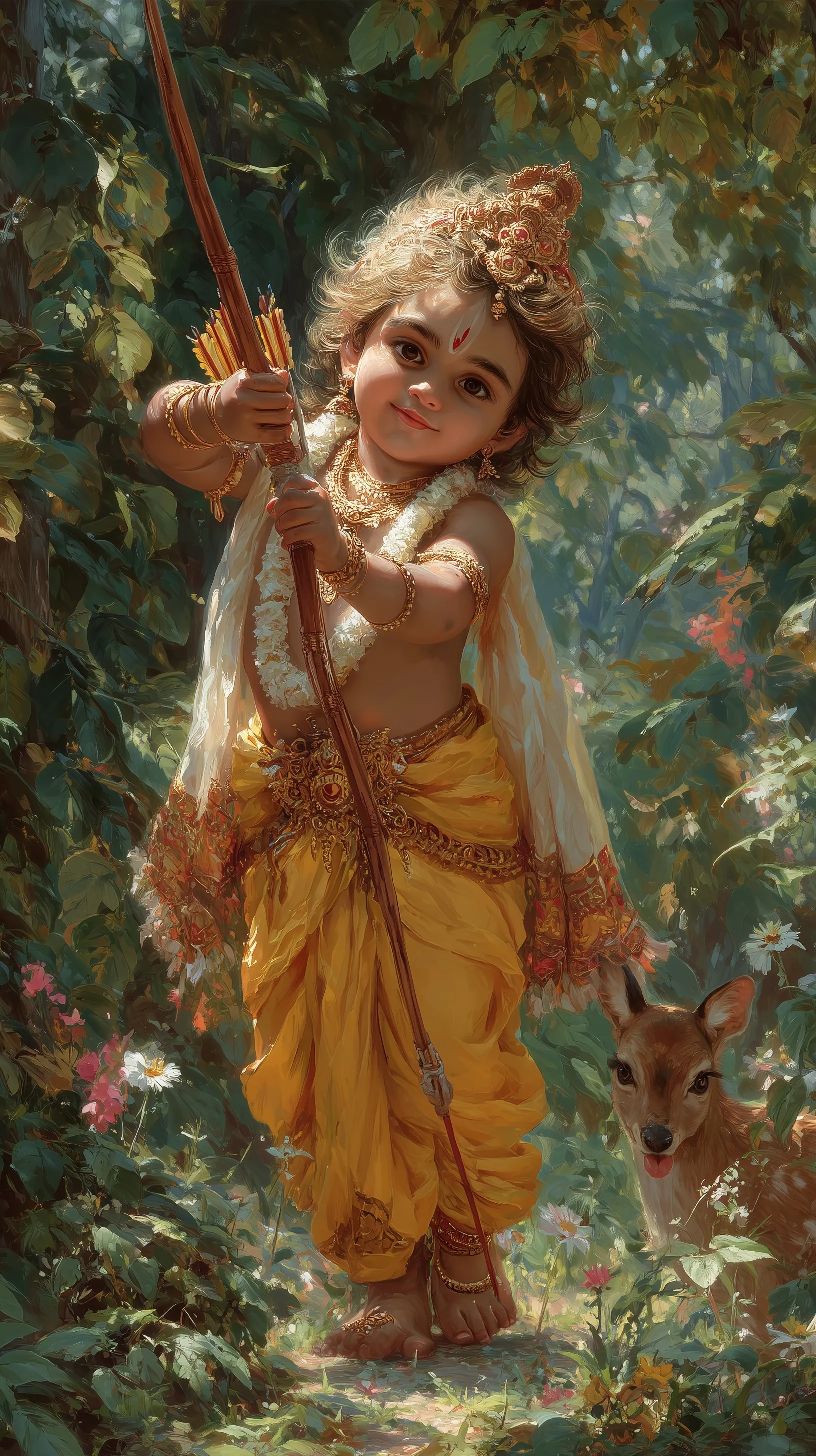 Adorable young Lord Rama as a prince in a sunlit forest, wearing yellow pitambar and holding a bow.