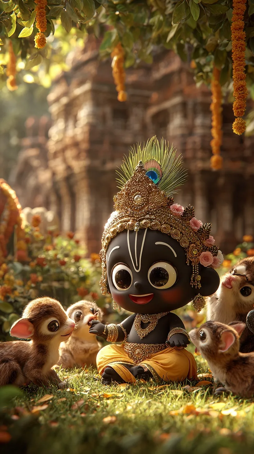 Chibi Lord Jagannath as a baby petting a calf in a lush temple garden with playful animals and soft golden sunlight.