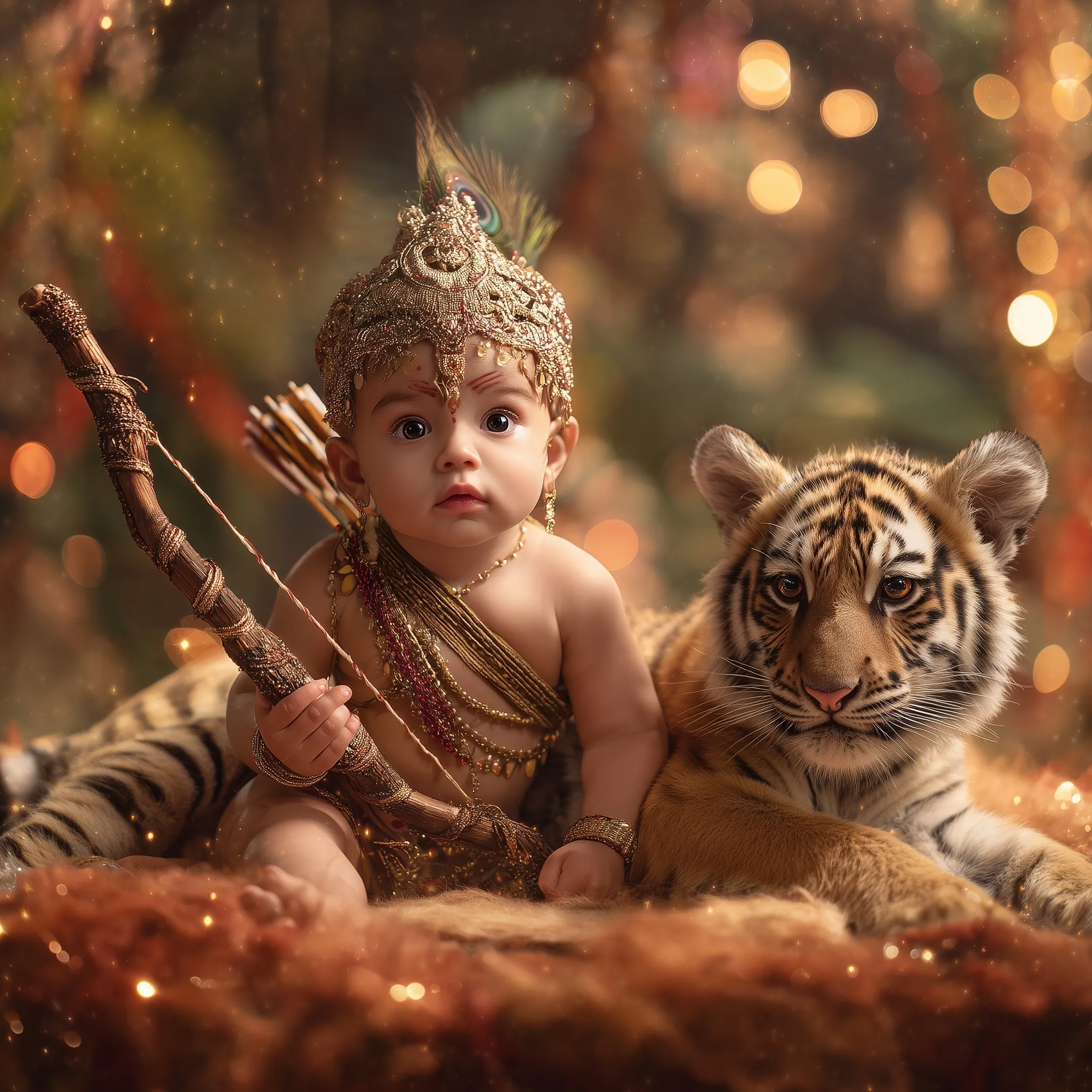 A 5-month-old baby dressed as Lord Ayyappan with bow and arrow on tiger skin in a cinematic jungle setting.