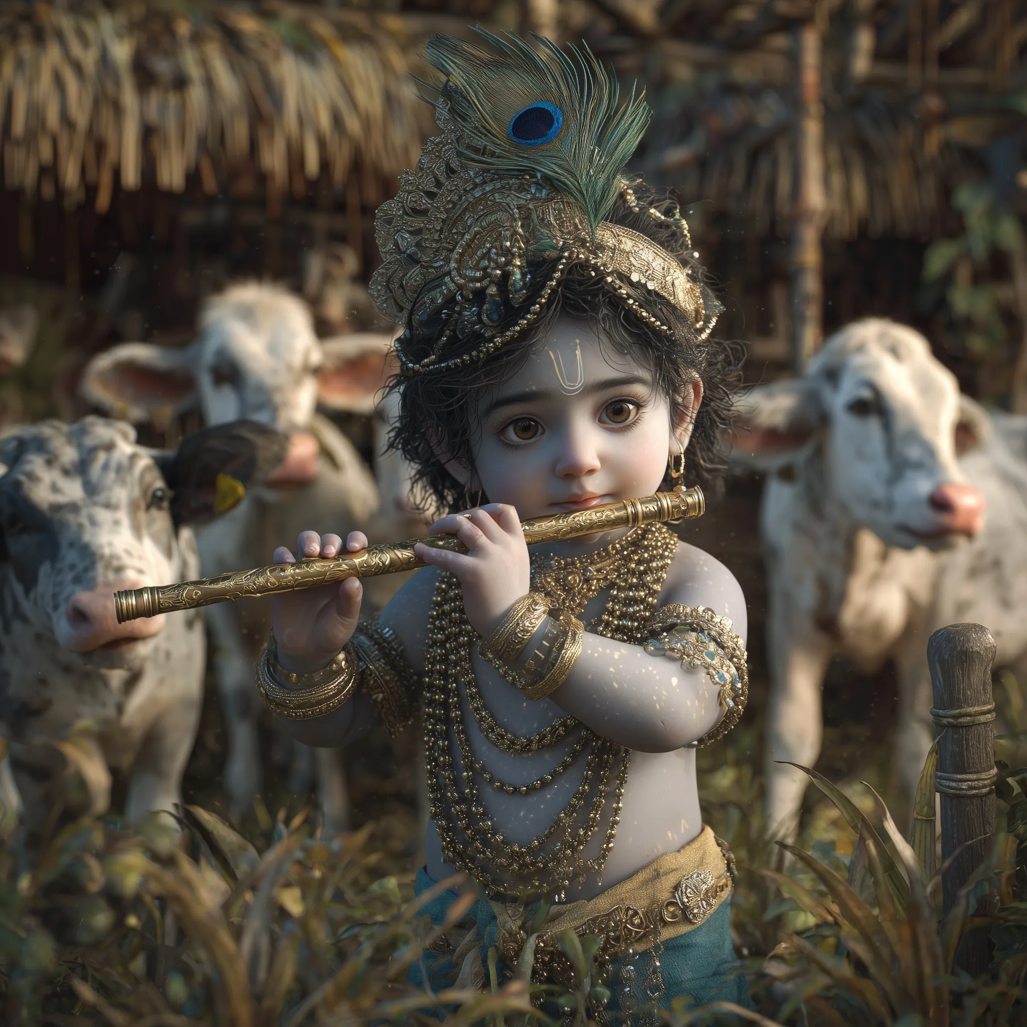 Photorealistic baby Lord Krishna wearing a peacock feather and jewelry playing a flute in a traditional Indian hut.