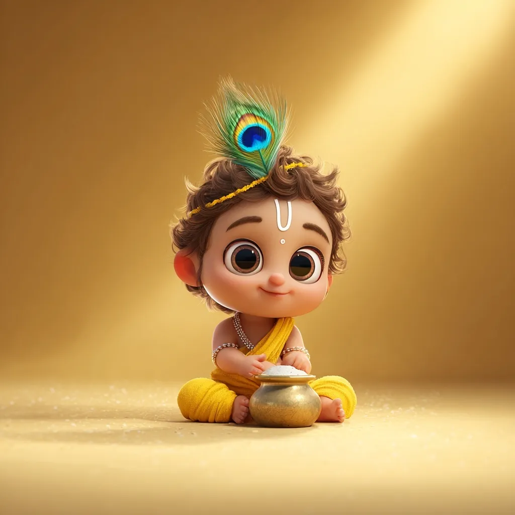 Cute 3D Pixar-style baby Krishna sitting with a butter pot against a soft golden background.