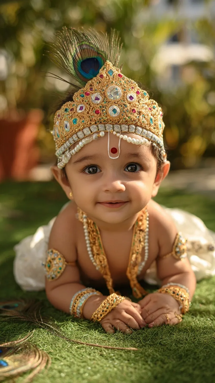 A 6-month-old baby dressed as Lord Krishna with a peacock feather crown and golden jewelry sitting on green grass.