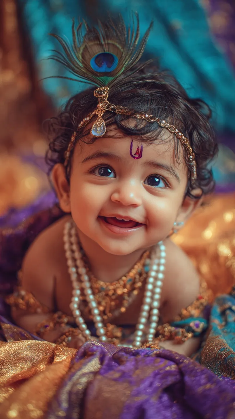 A photorealistic baby dressed as Lord Krishna with blue skin, peacock feather, and golden jewelry on silk.