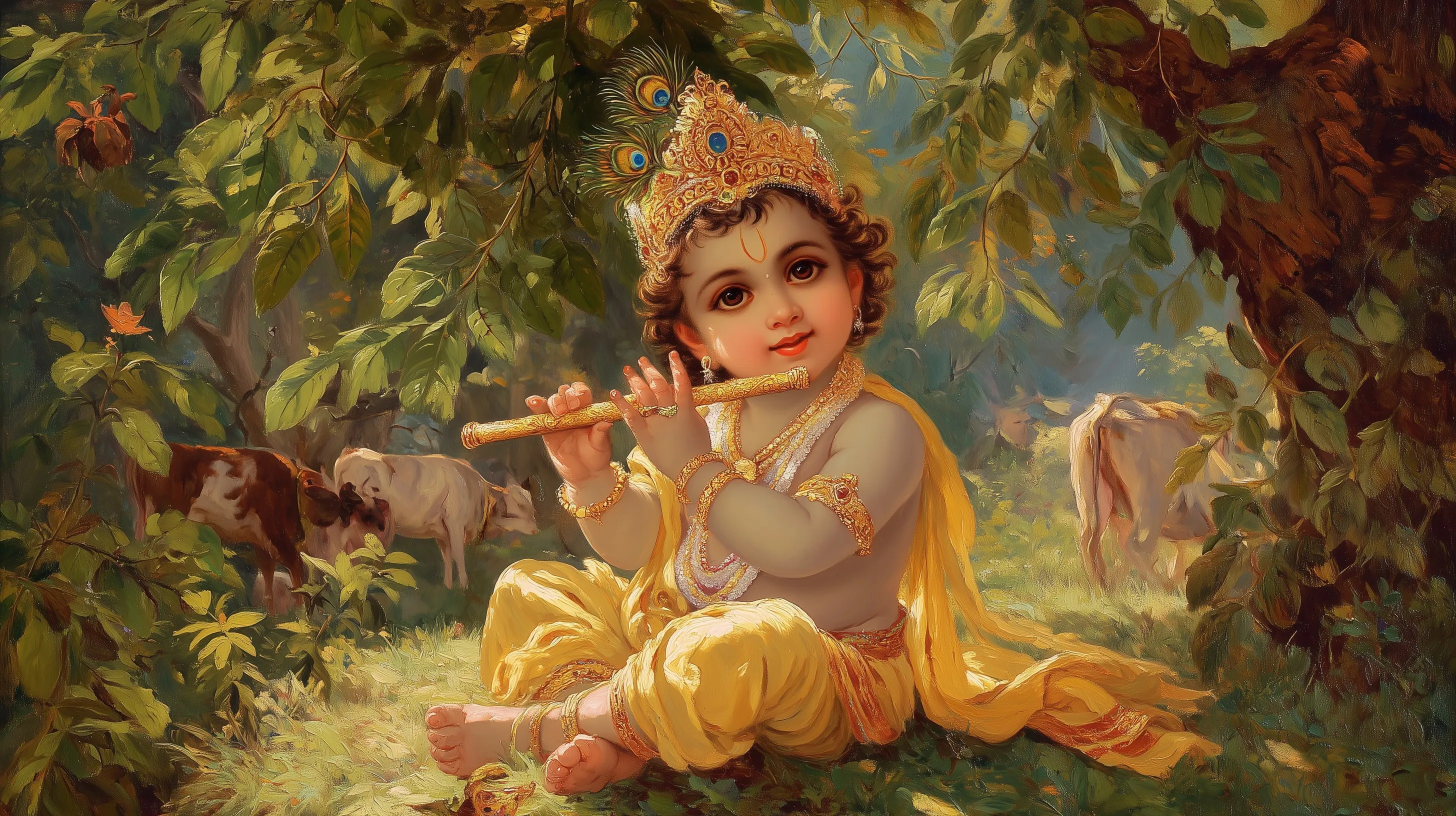 Baby Lord Krishna painting with a flute, peacock feather crown, and cows in a vibrant Vrindavan setting.