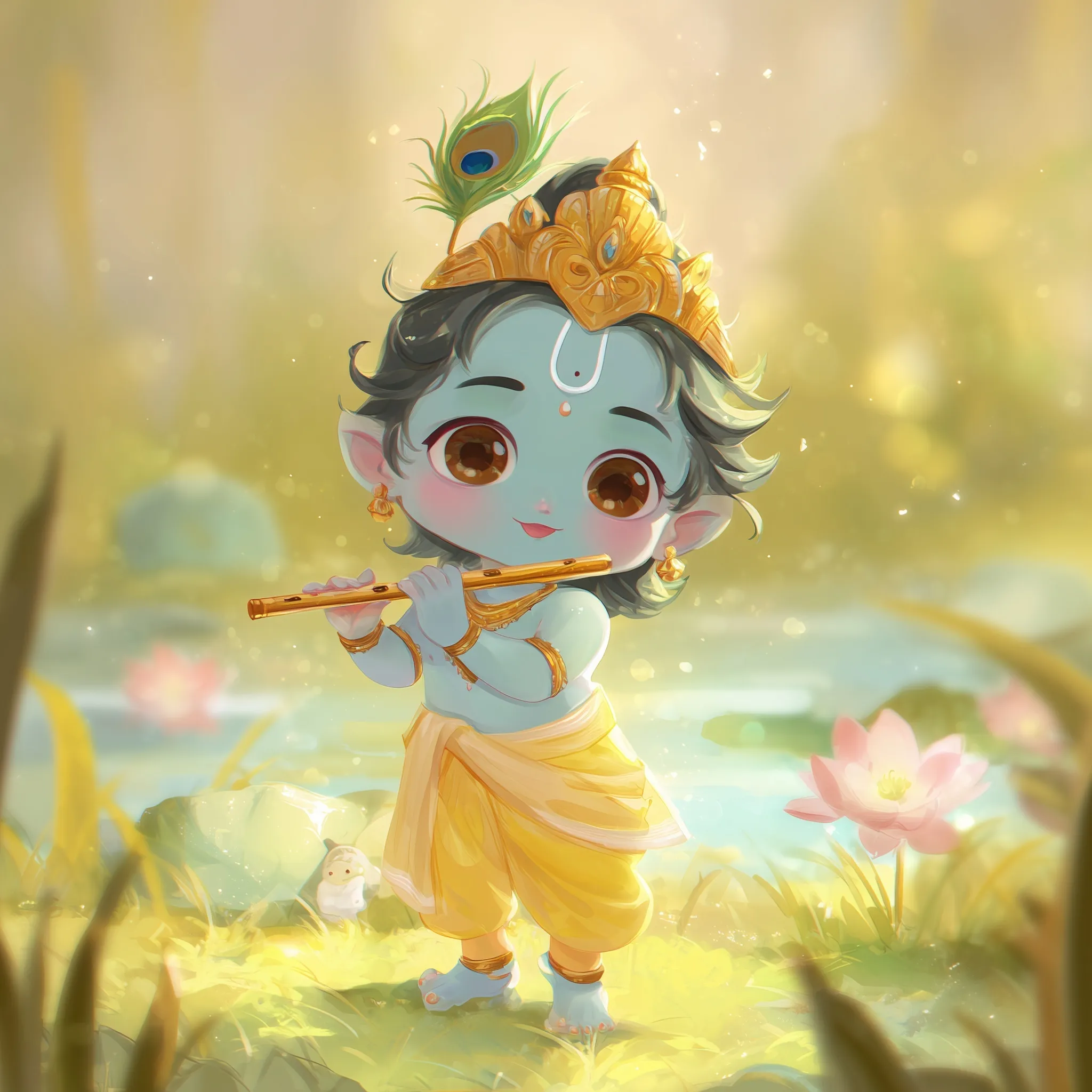 Adorable chibi Lord Krishna in anime style, playing a flute in a peaceful river landscape with cute animals.