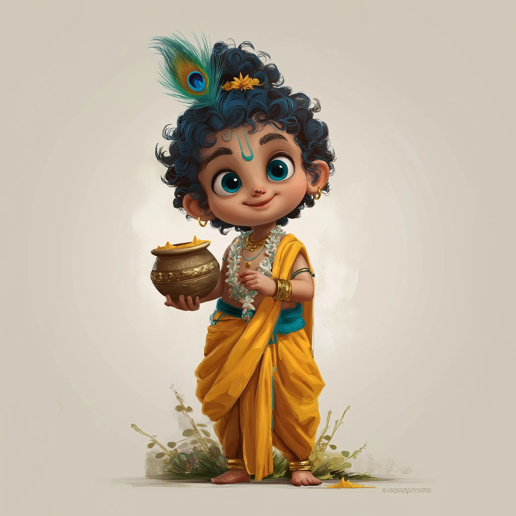 A 5-year-old boy dressed as an Indian baby god with blue skin, peacock feather, and a clay pot of butter.
