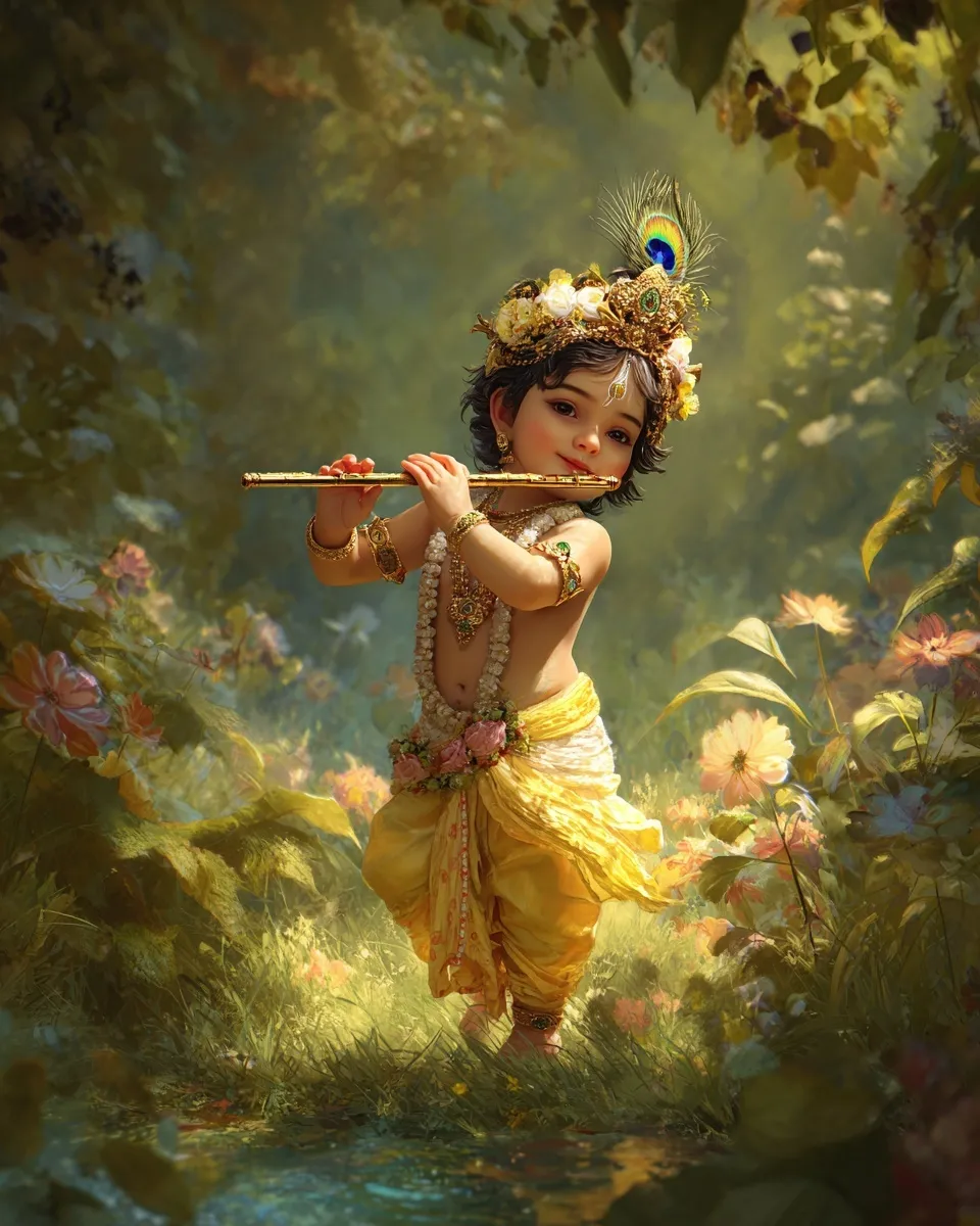 Little Krishna playing a flute in a lush, golden-lit forest, wearing a peacock feather crown and yellow dhoti.