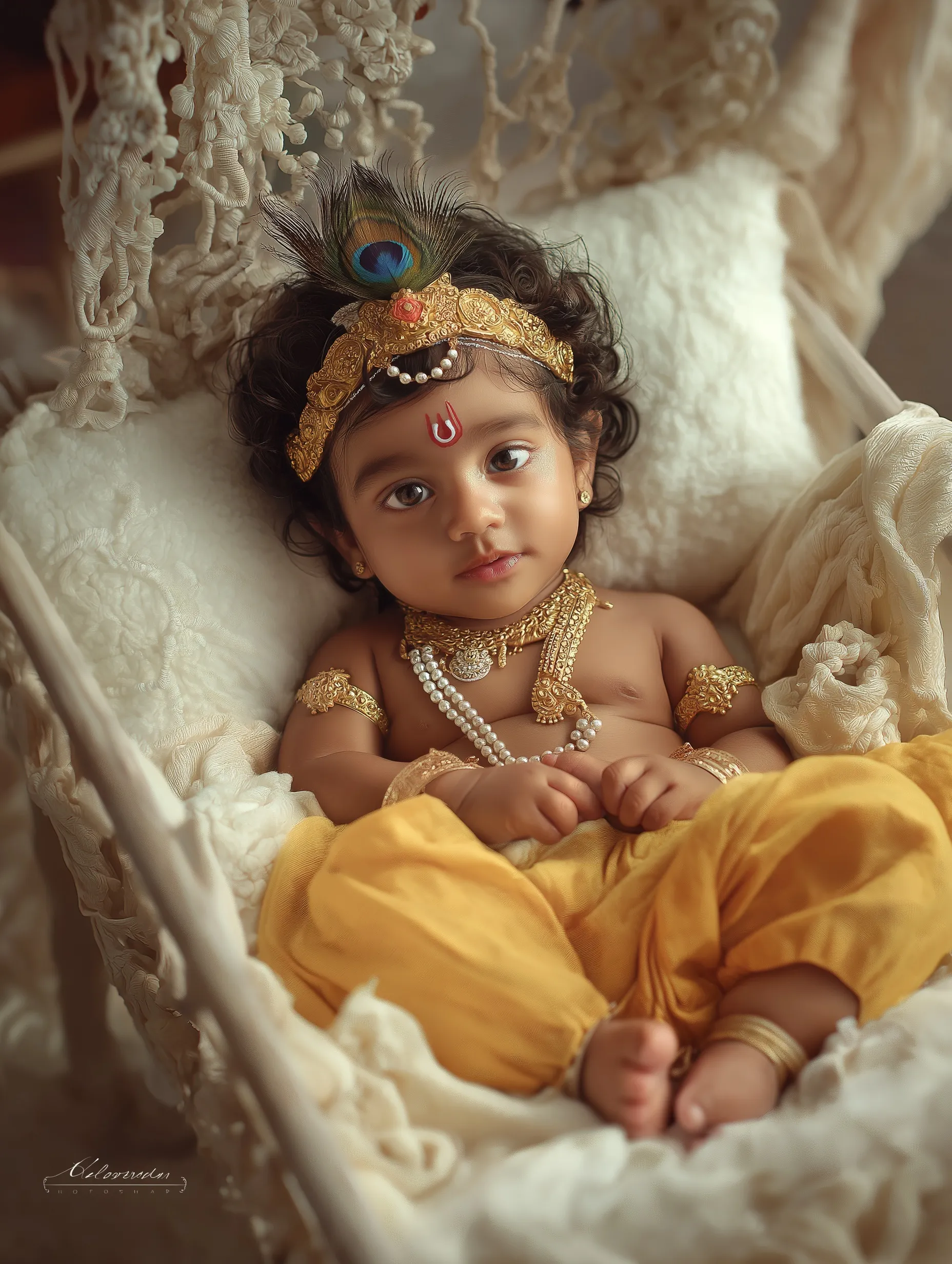 A cute baby dressed as little Krishna with a peacock feather crown and yellow dhoti resting in a soft cradle.