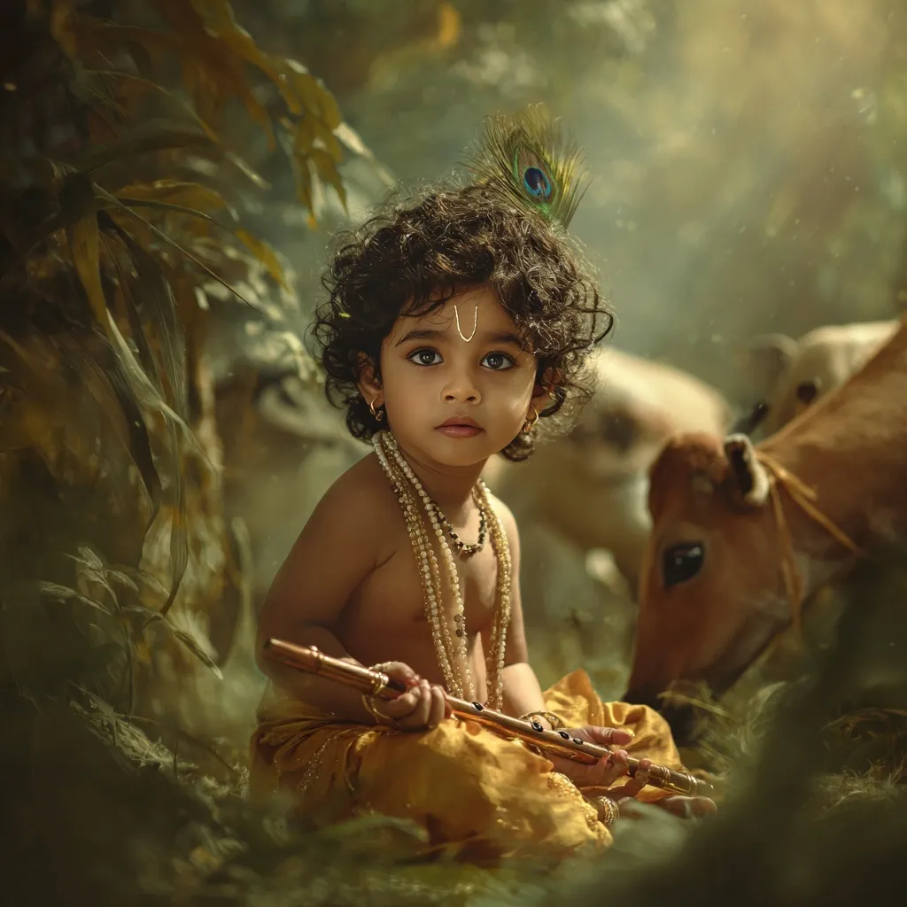 A cute child styled as Bal Krishna holding a flute in a lush green jungle with cows, cinematic lighting.