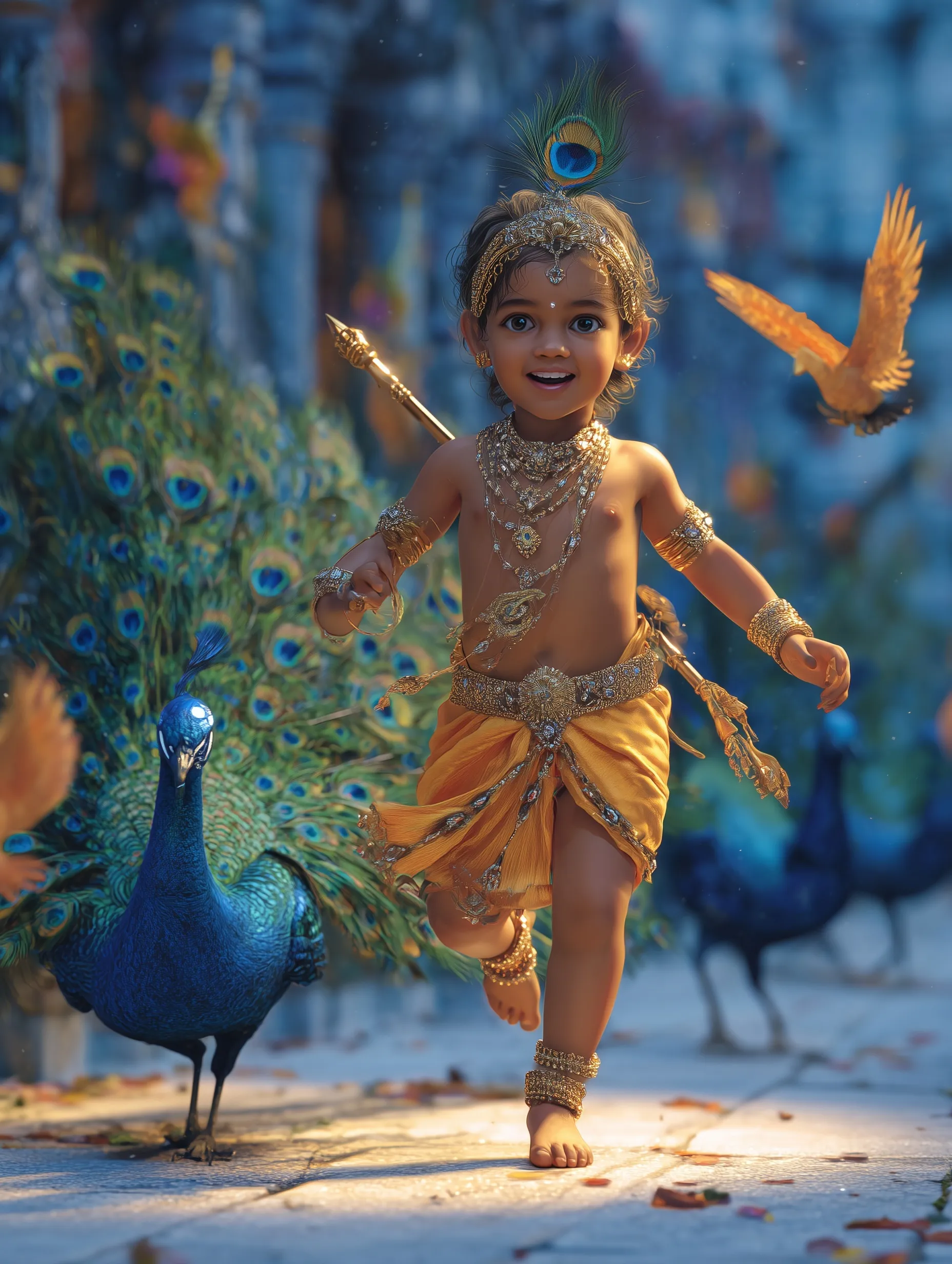 A divine baby Lord Murugan running with a majestic peacock at a temple during a vibrant golden sunset.