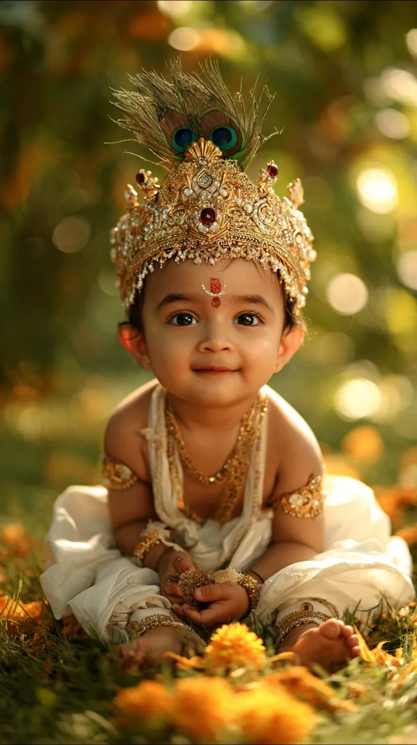 A 6-month-old baby styled as Bala Krishna with a golden crown and peacock feather sitting on grass, divine portrait.