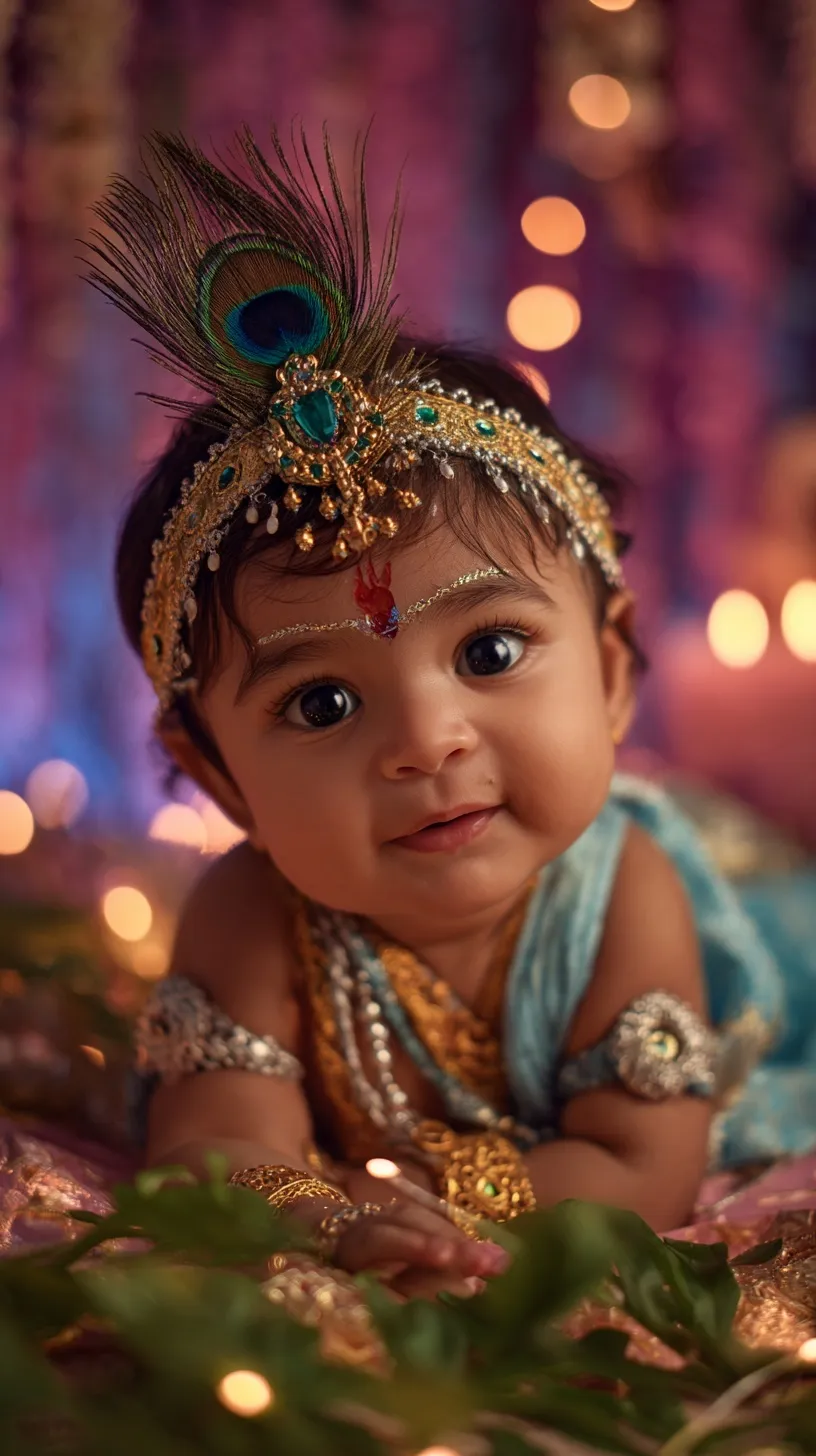 A 6-month-old baby dressed as little Krishna with a crown and peacock feather resting on tulsi leaves.