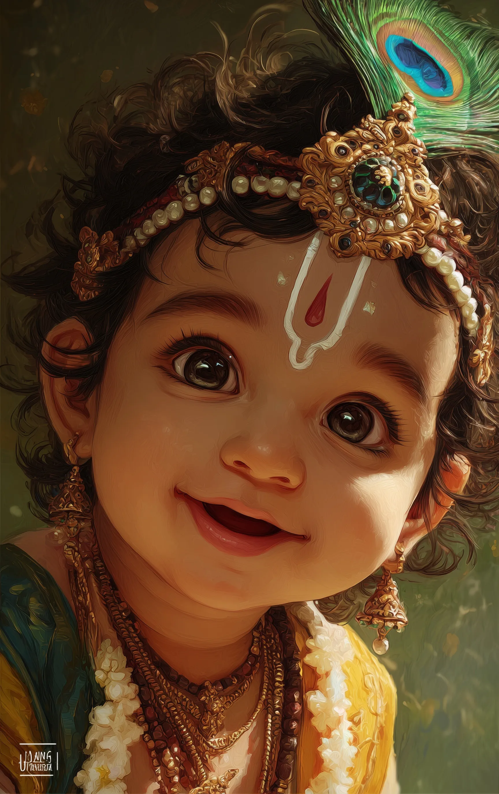 A cute, smiling baby Krishna in a divine comic book style oil painting, featuring a peacock feather and aura.