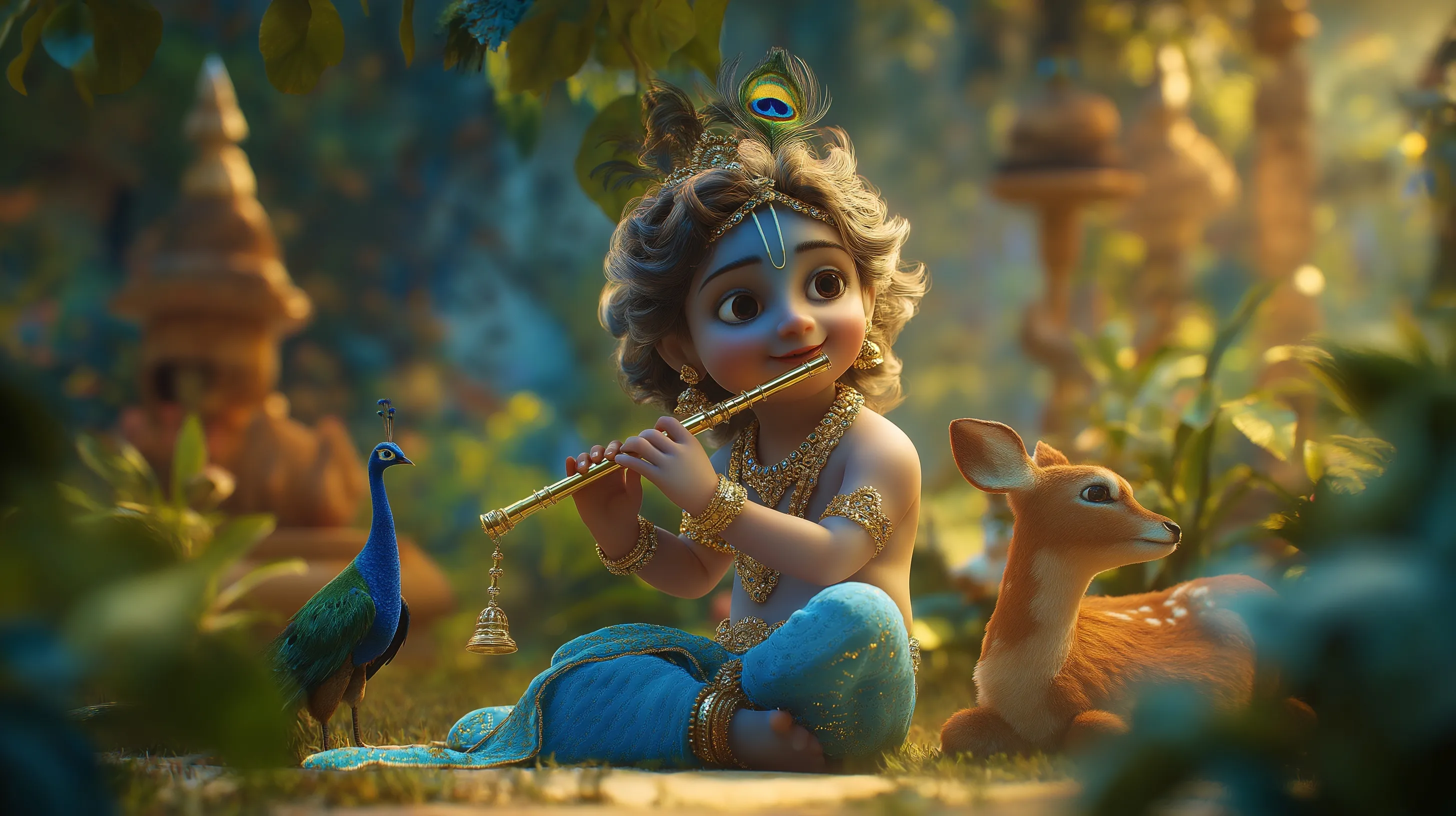 Cute baby Lord Krishna playing the flute with a peacock and deer in a serene, mystical temple garden.