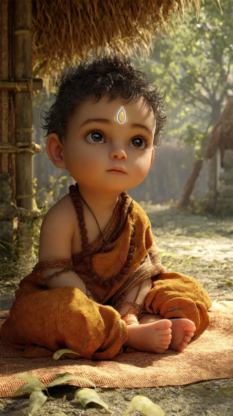 Hyper-realistic baby Ashwatthama with glowing divine jewel on forehead in an ancient Indian ashram setting.