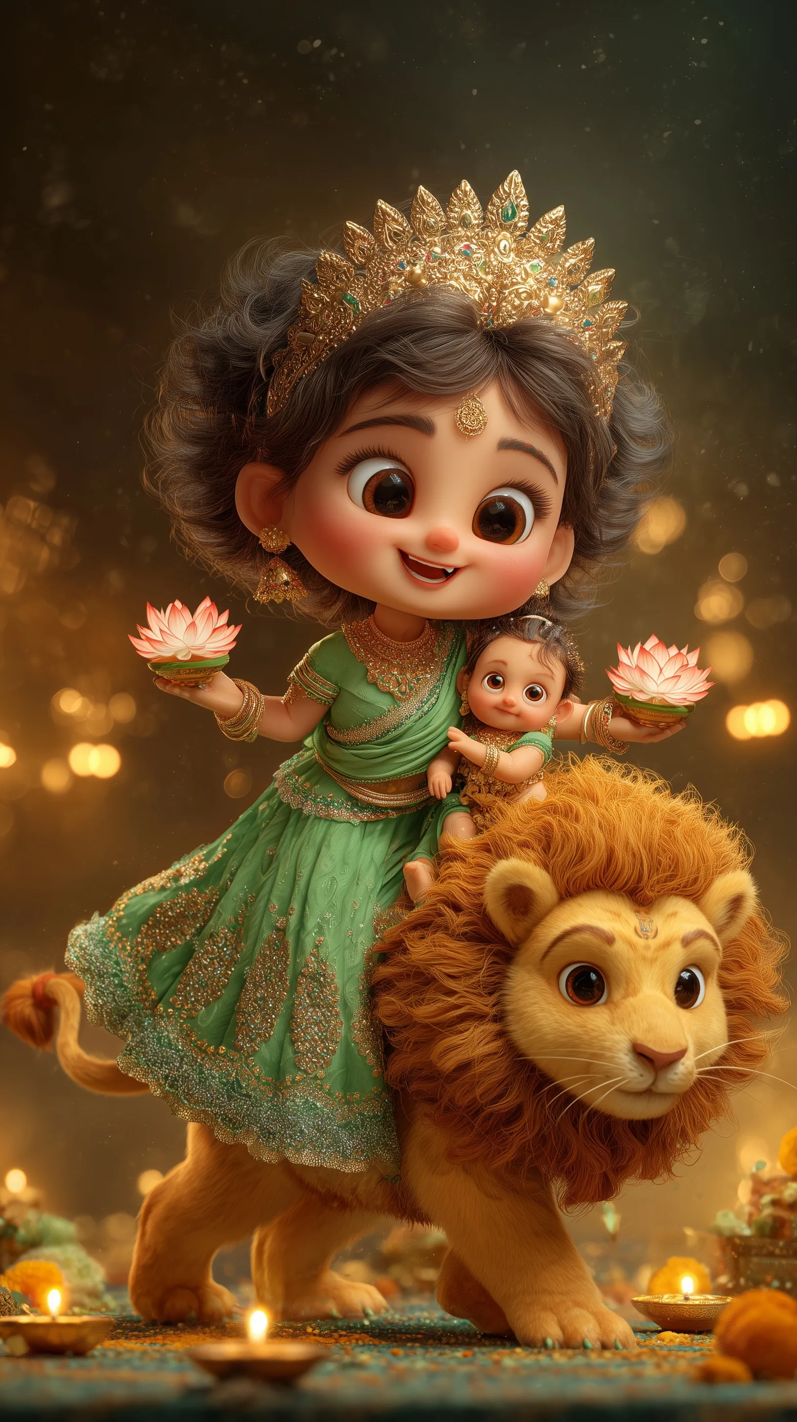 Pixar-style 3D illustration of Baby Goddess Skandmata riding a lion while holding baby Kartikeya with lotuses.